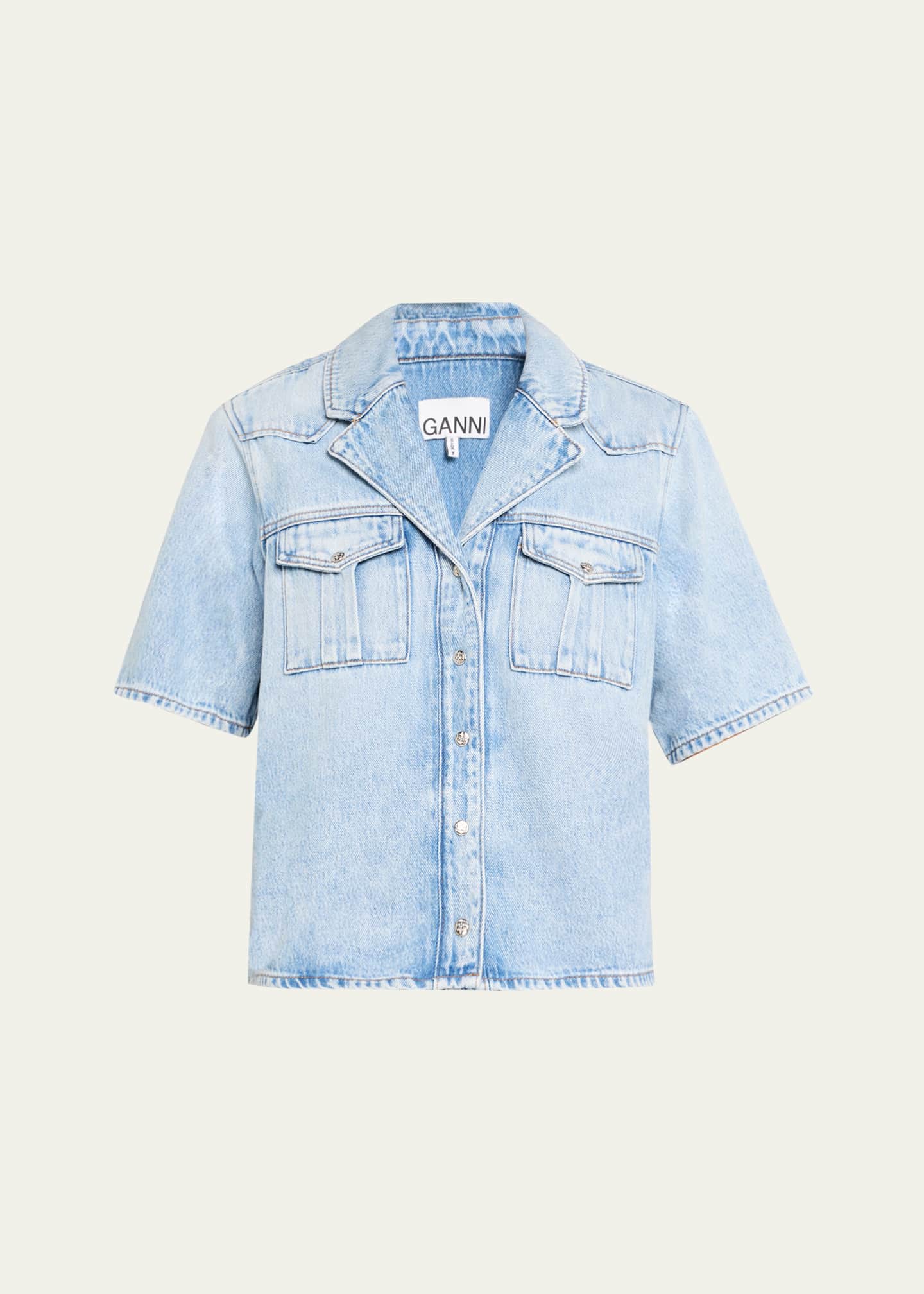 Ganni Soft Rigid Short-Sleeve Denim Shirt Image 1 of 5