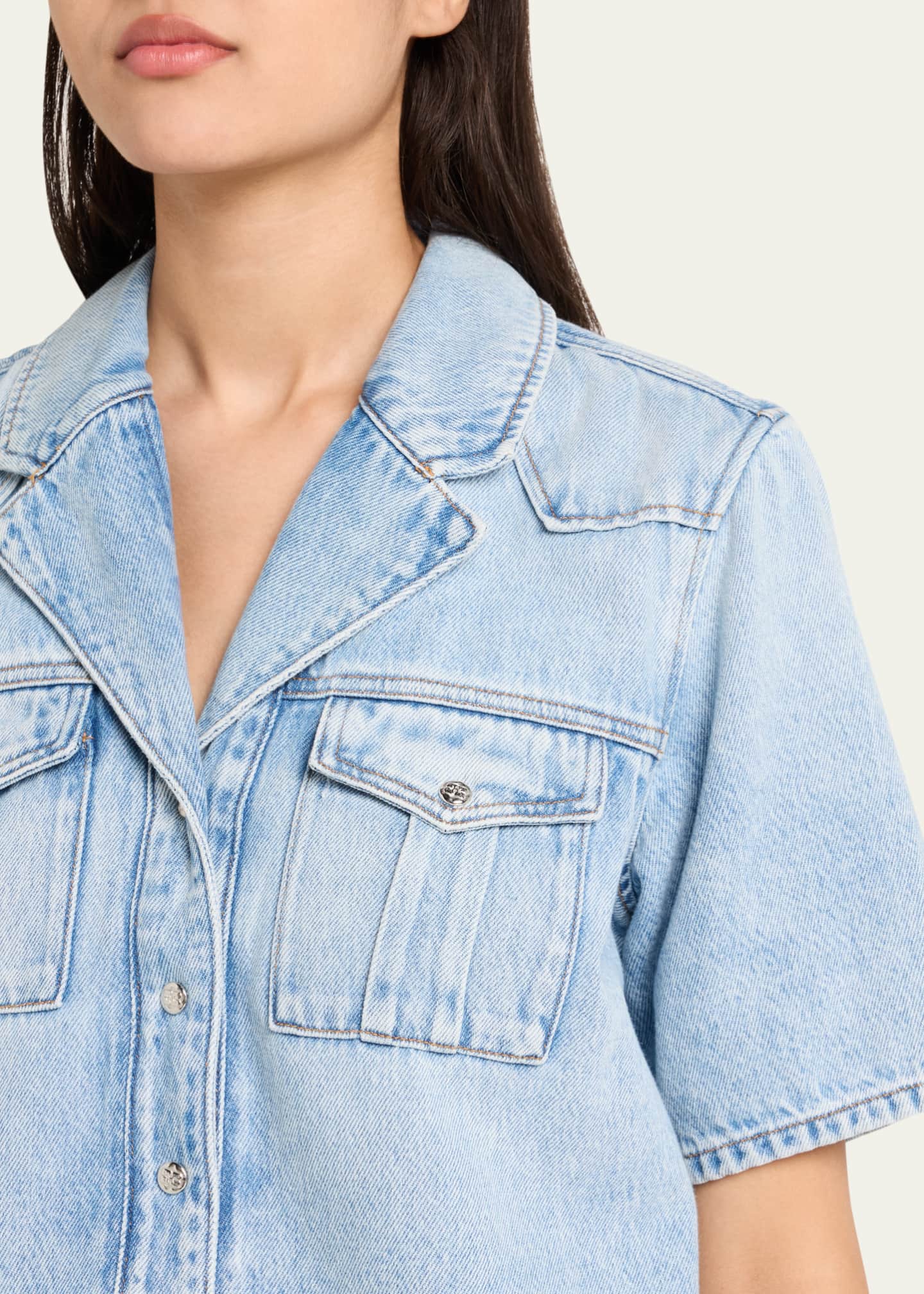 Ganni Soft Rigid Short-Sleeve Denim Shirt Image 5 of 5