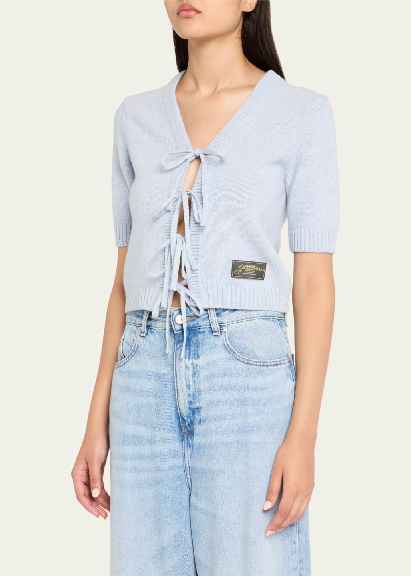Ganni Short-Sleeve Tie-Front Cardigan Image 4 of 5