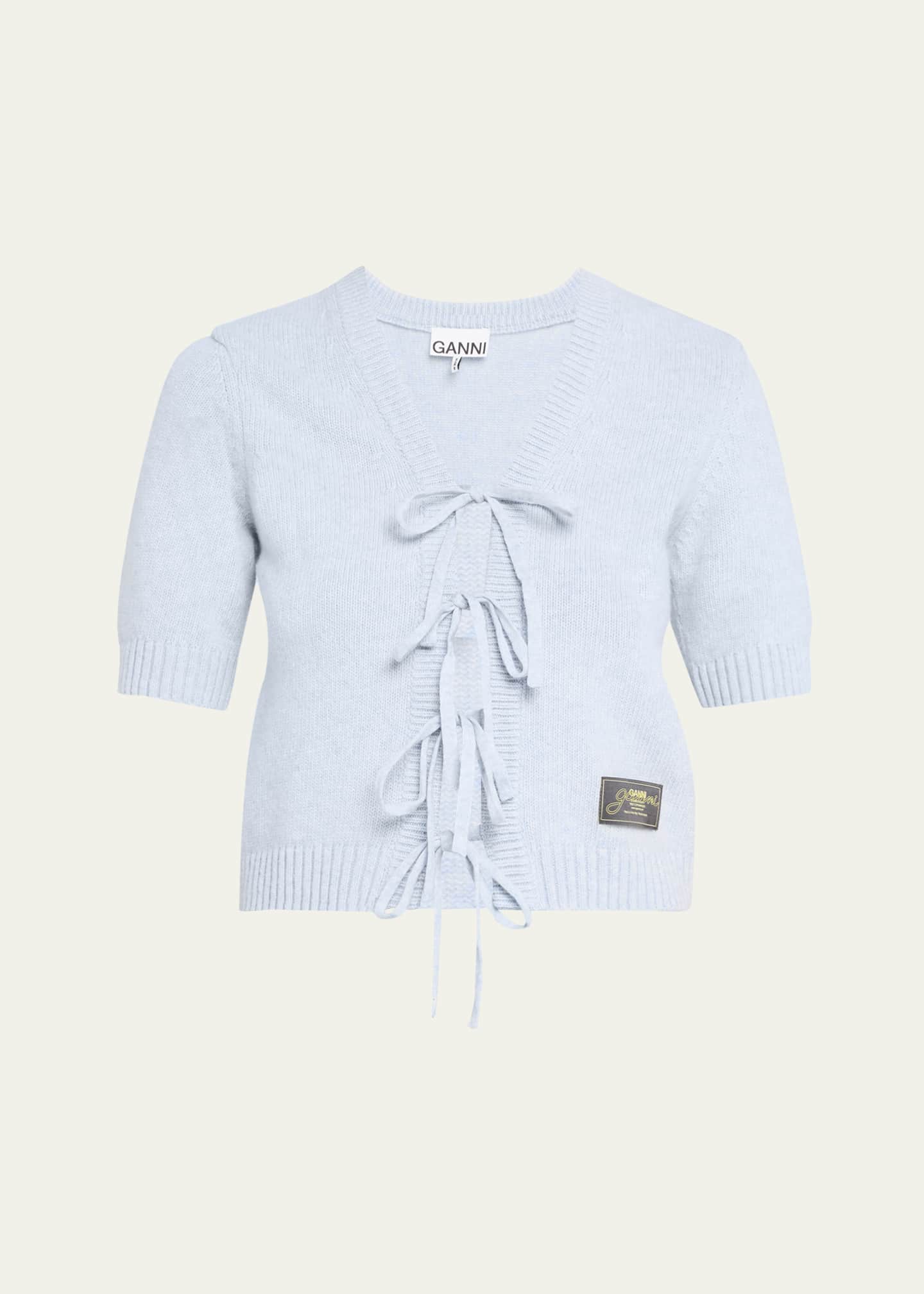 Ganni Short-Sleeve Tie-Front Cardigan Image 1 of 5
