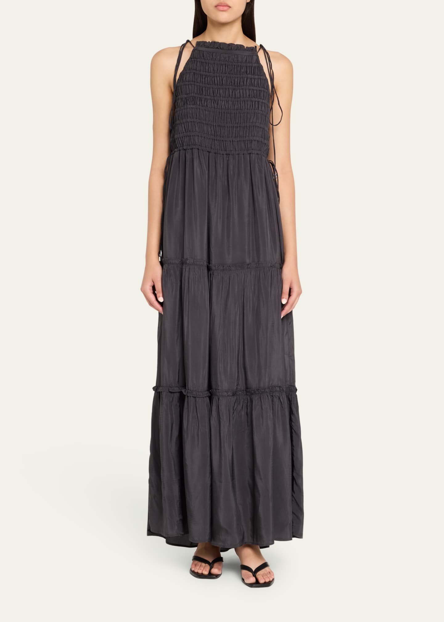 Ganni Tie-Strap Smocked Maxi Slip Dress Image 2 of 5
