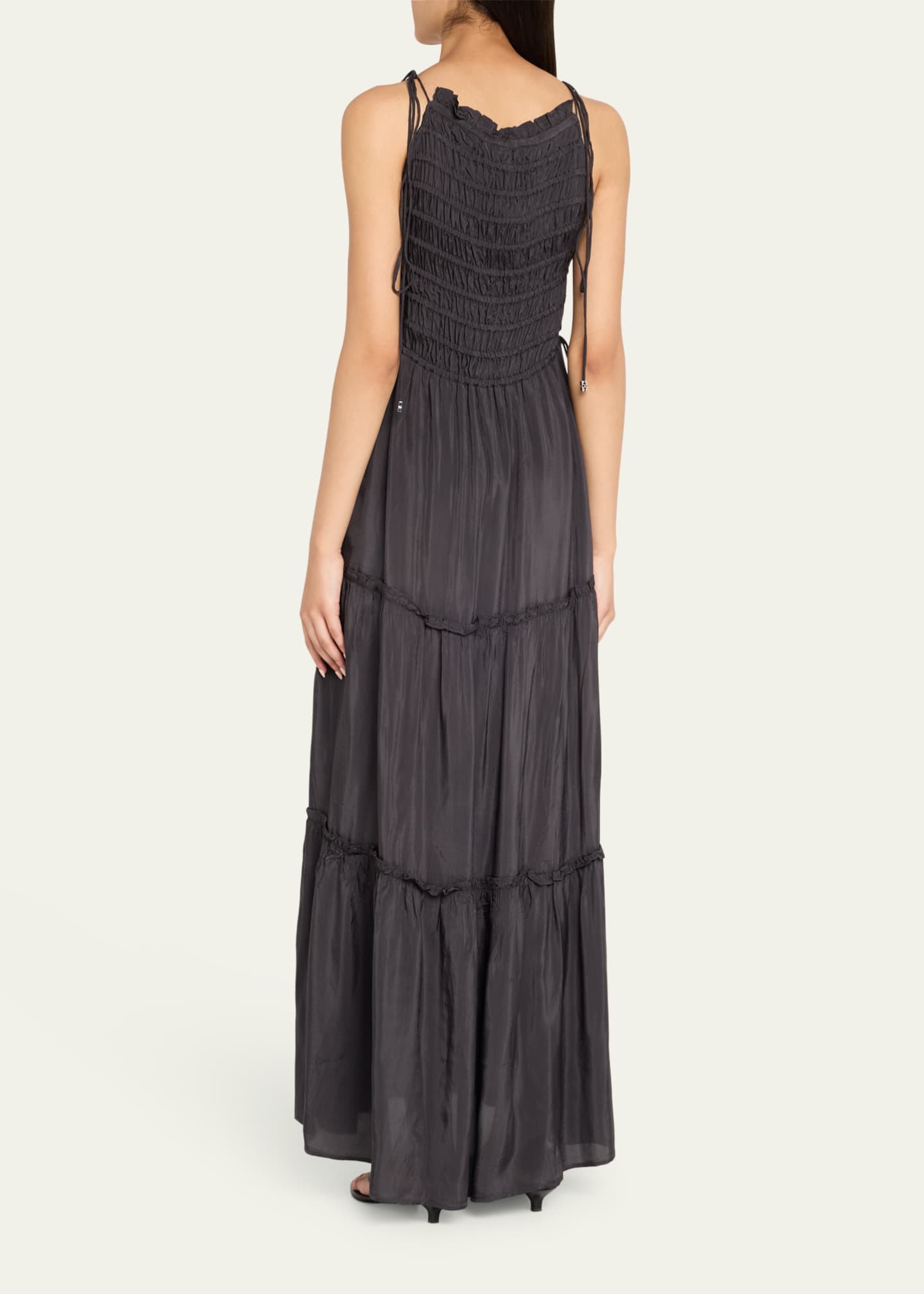 Ganni Tie-Strap Smocked Maxi Slip Dress Image 3 of 5
