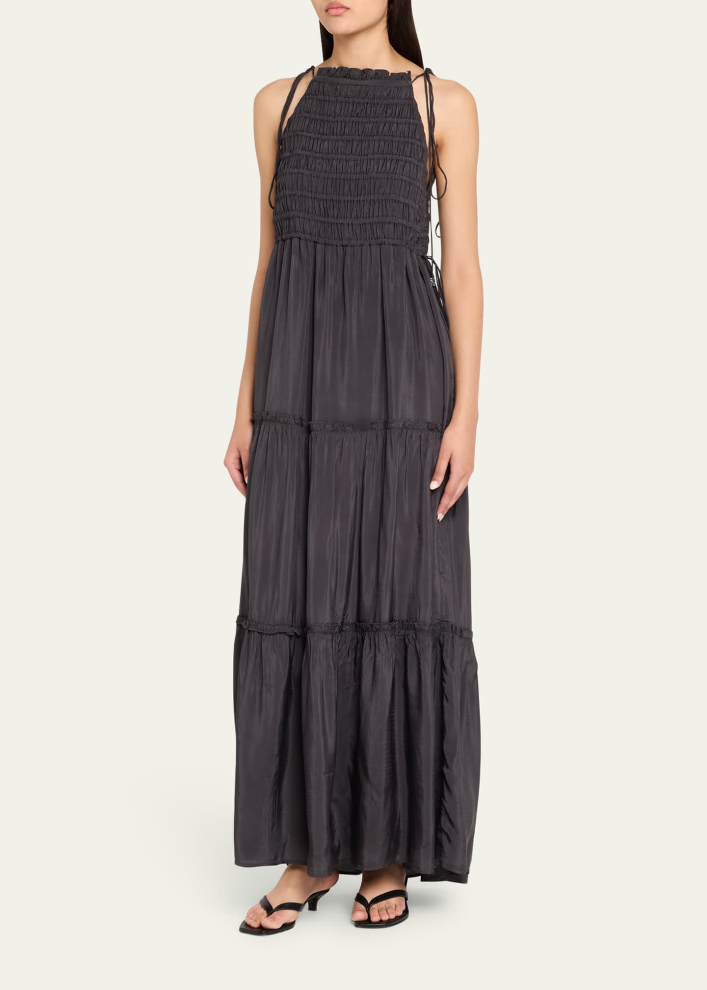 Ganni Tie-Strap Smocked Maxi Slip Dress Image 4 of 5