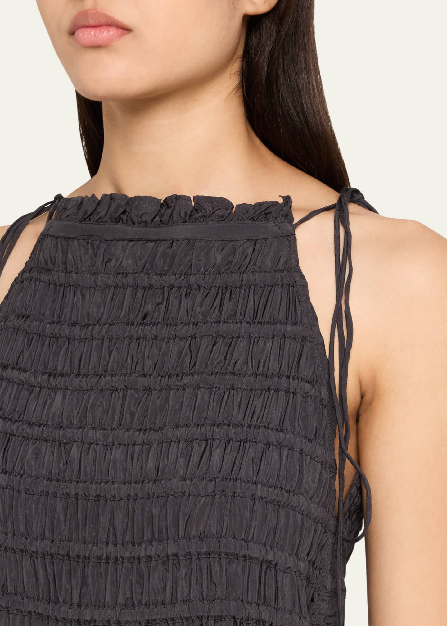 Ganni Tie-Strap Smocked Maxi Slip Dress Image 5 of 5