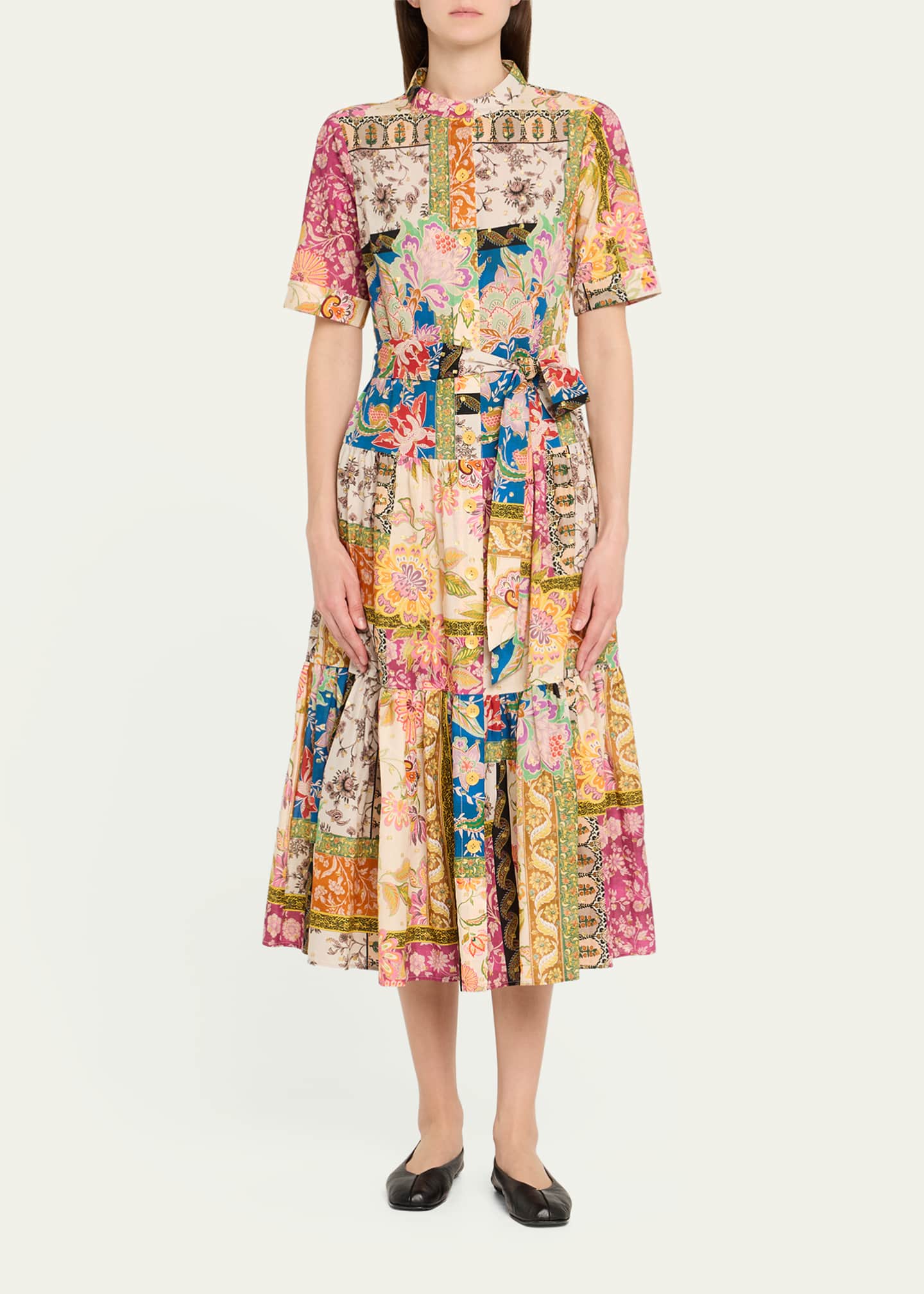 Rickie Freeman for Teri Jon Tiered Patchwork Floral-Print Midi Shirtdress Image 2 of 5