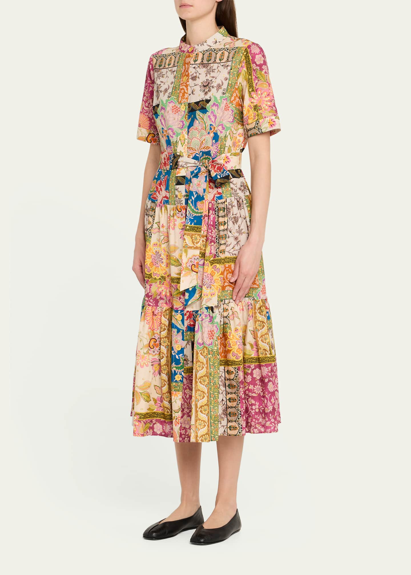 Rickie Freeman for Teri Jon Tiered Patchwork Floral-Print Midi Shirtdress Image 4 of 5