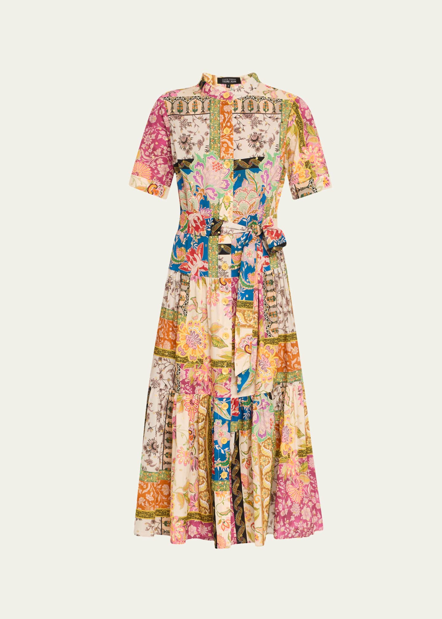Rickie Freeman for Teri Jon Tiered Patchwork Floral-Print Midi Shirtdress Image 1 of 5