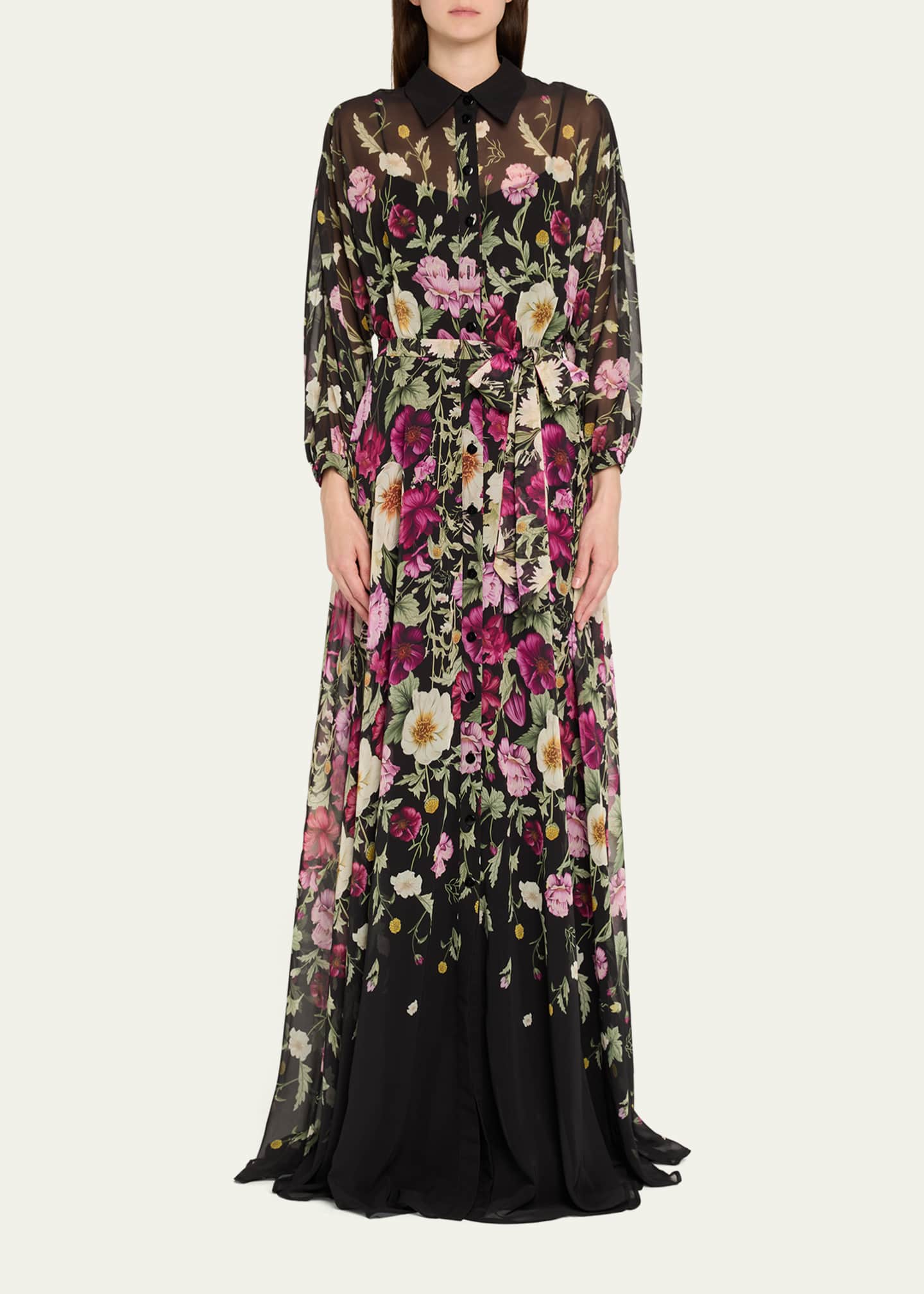 Rickie Freeman for Teri Jon Floral-Print Chiffon Shirt Gown Image 2 of 5
