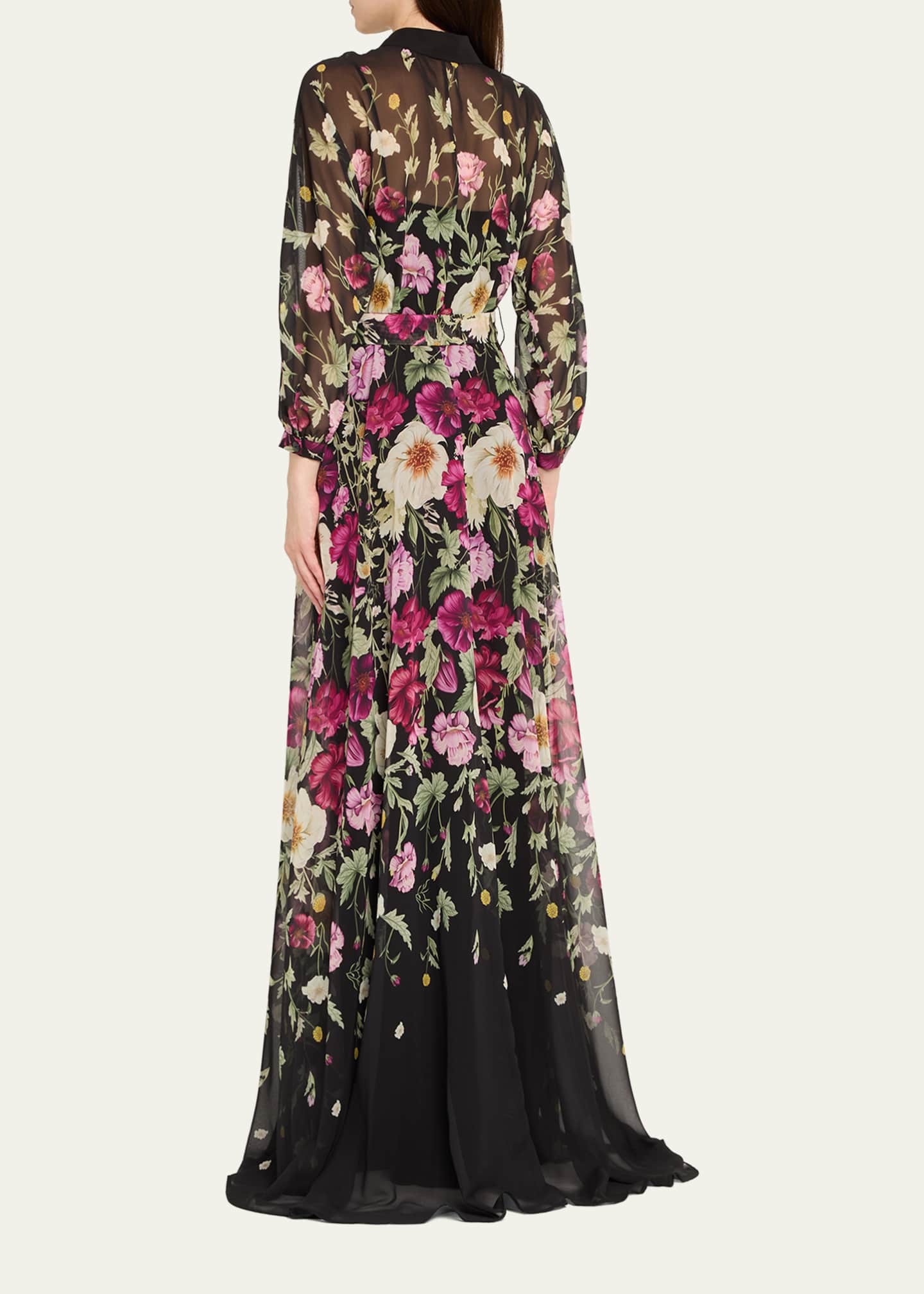 Rickie Freeman for Teri Jon Floral-Print Chiffon Shirt Gown Image 3 of 5