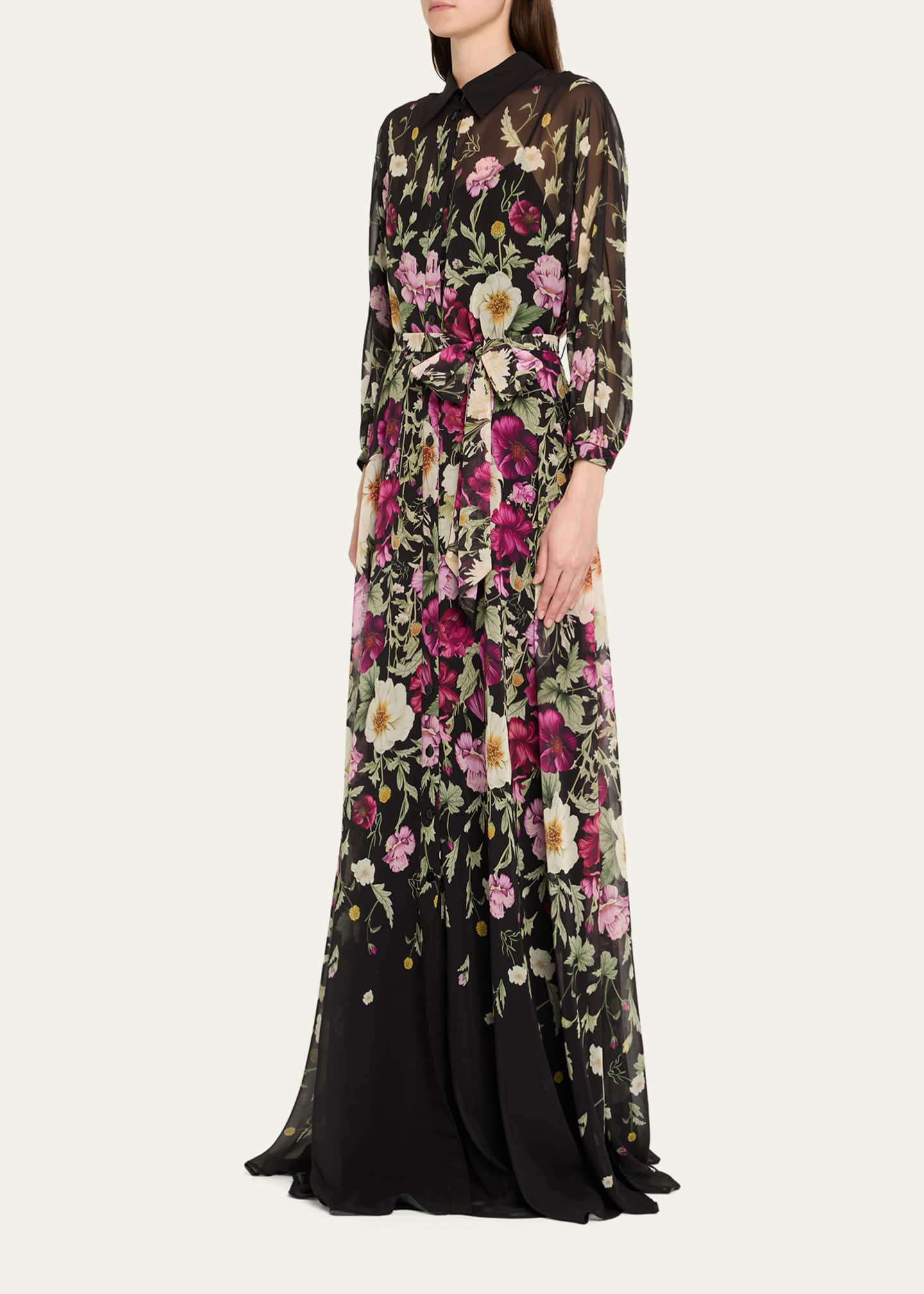 Rickie Freeman for Teri Jon Floral-Print Chiffon Shirt Gown Image 4 of 5