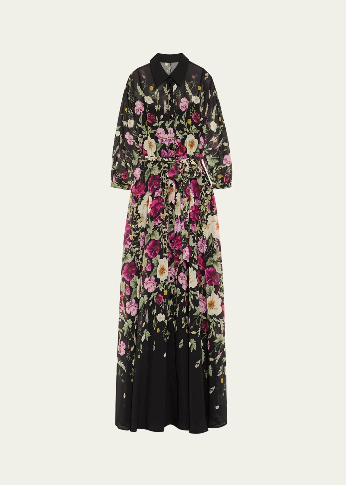 Rickie Freeman for Teri Jon Floral-Print Chiffon Shirt Gown Image 1 of 5
