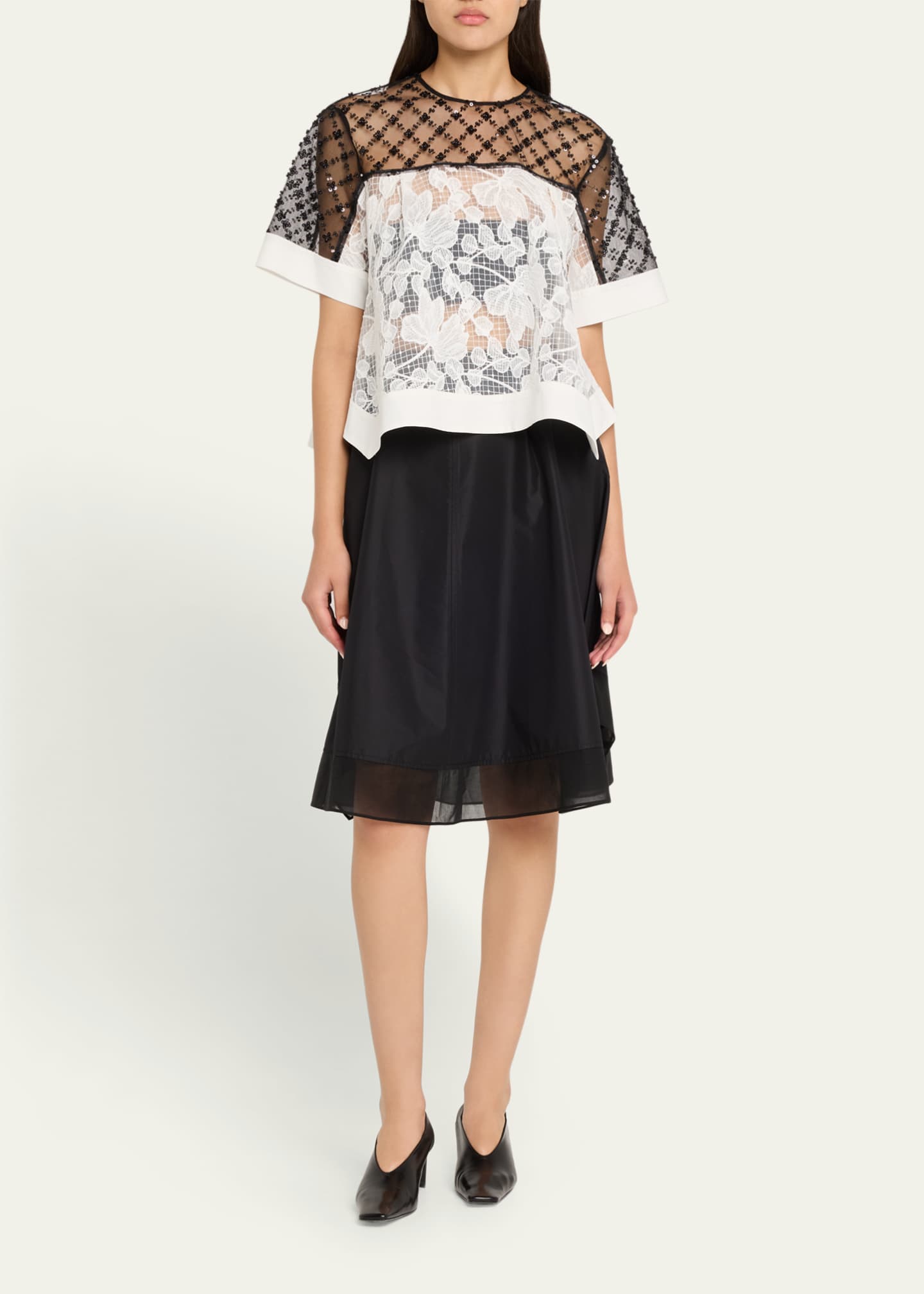 3.1 Phillip Lim Corded Lace Organza Short-Sleeve Flounce Top Image 2 of 5
