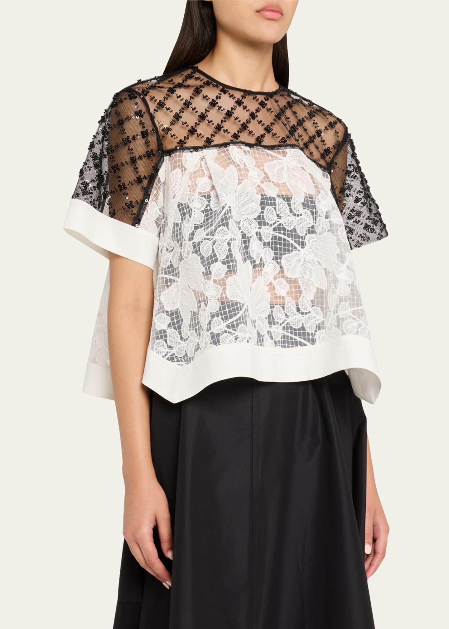 3.1 Phillip Lim Corded Lace Organza Short-Sleeve Flounce Top Image 4 of 5
