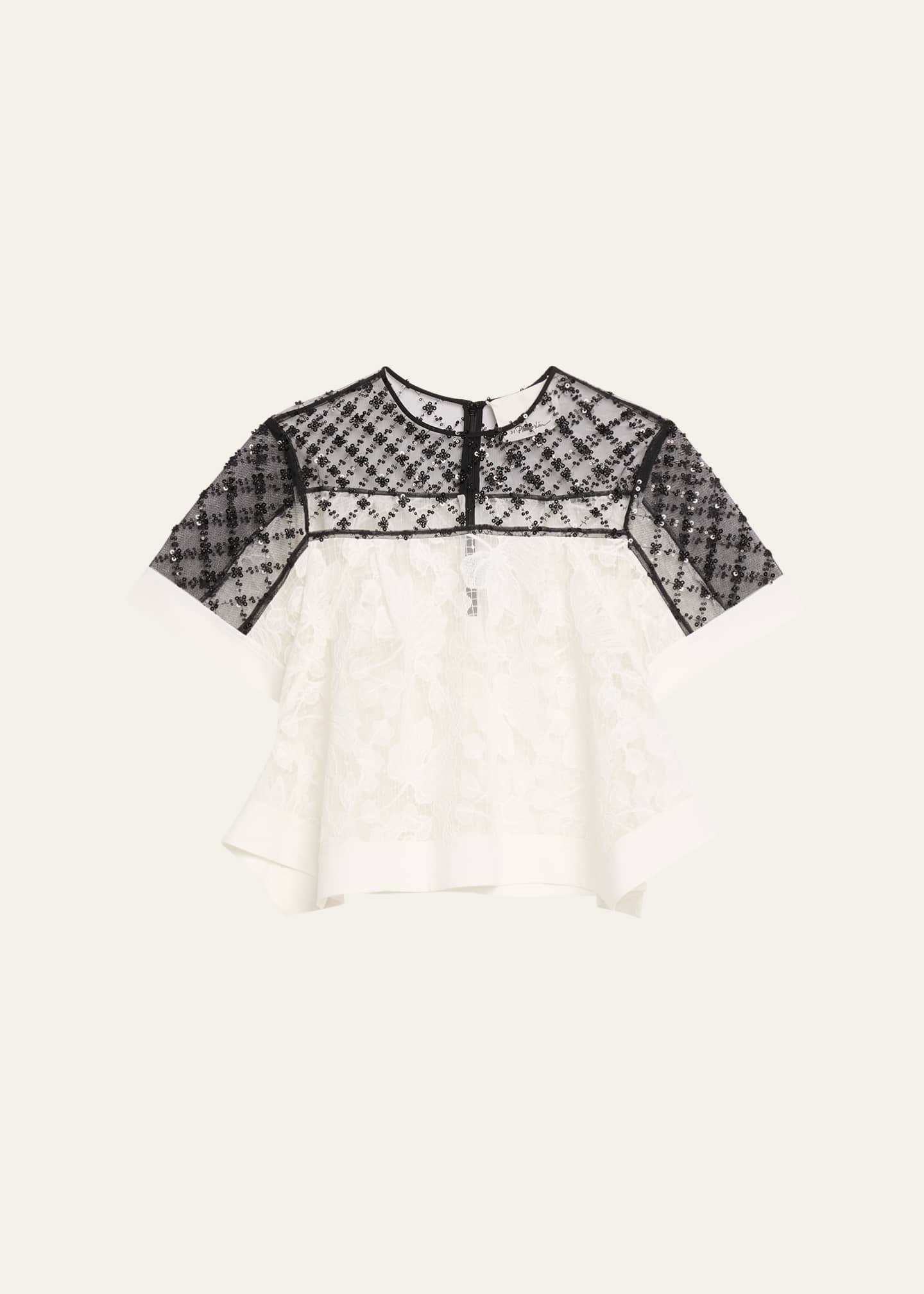 3.1 Phillip Lim Corded Lace Organza Short-Sleeve Flounce Top Image 1 of 5
