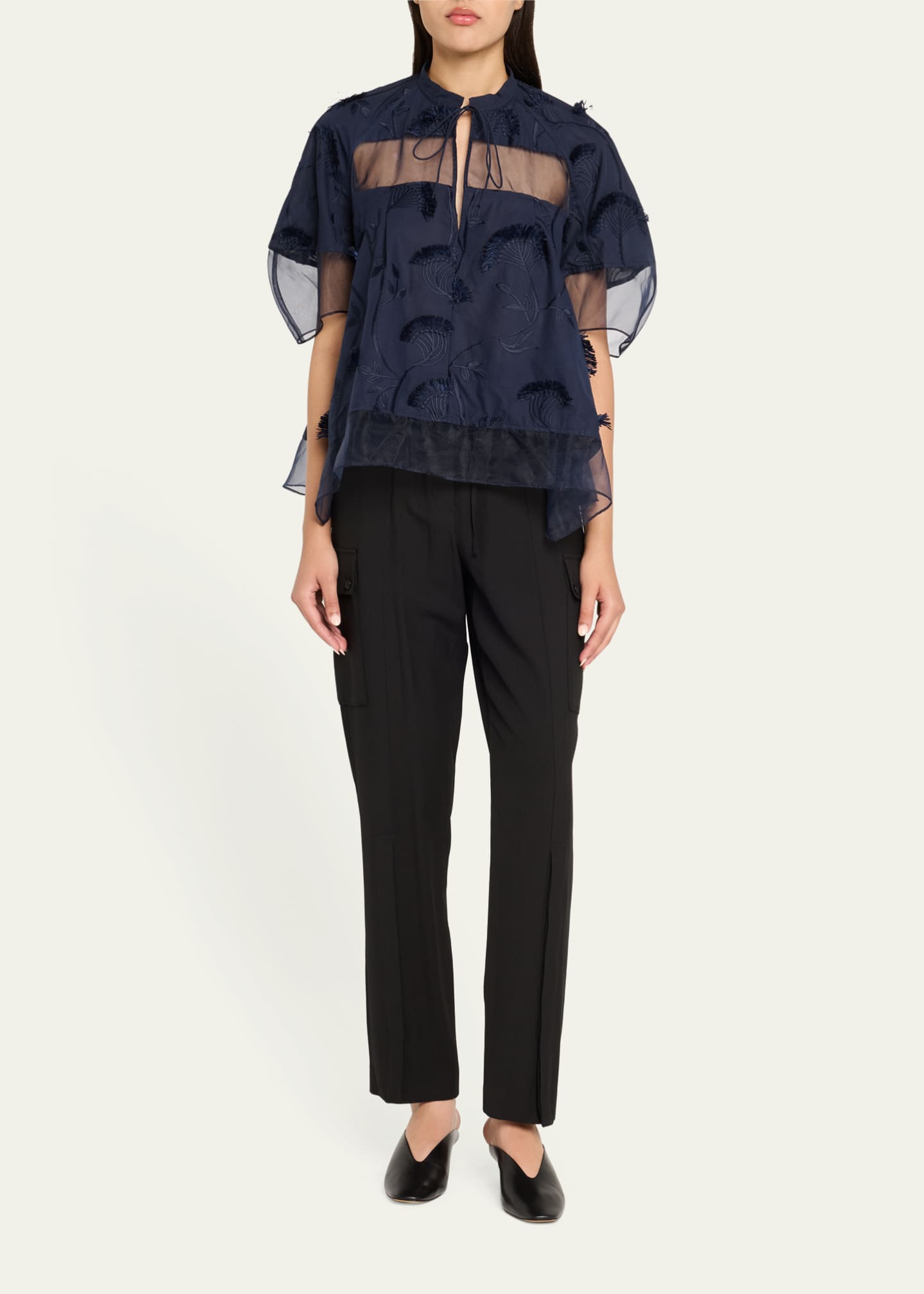 3.1 Phillip Lim Short-Sleeve Embroidered Organza Flounce Top Image 2 of 5