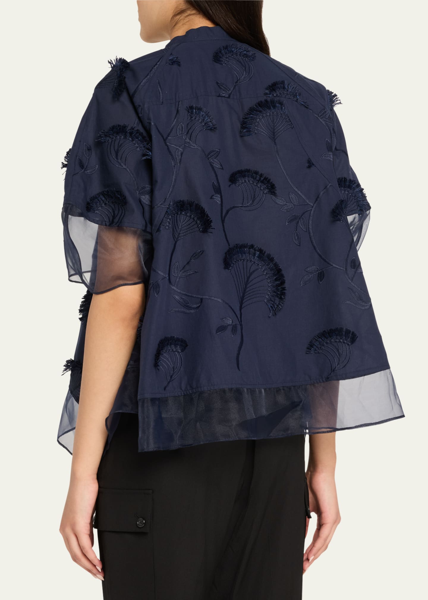 3.1 Phillip Lim Short-Sleeve Embroidered Organza Flounce Top Image 3 of 5