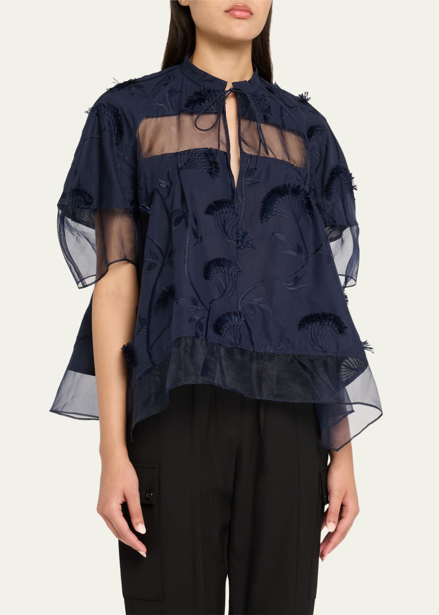 3.1 Phillip Lim Short-Sleeve Embroidered Organza Flounce Top Image 4 of 5