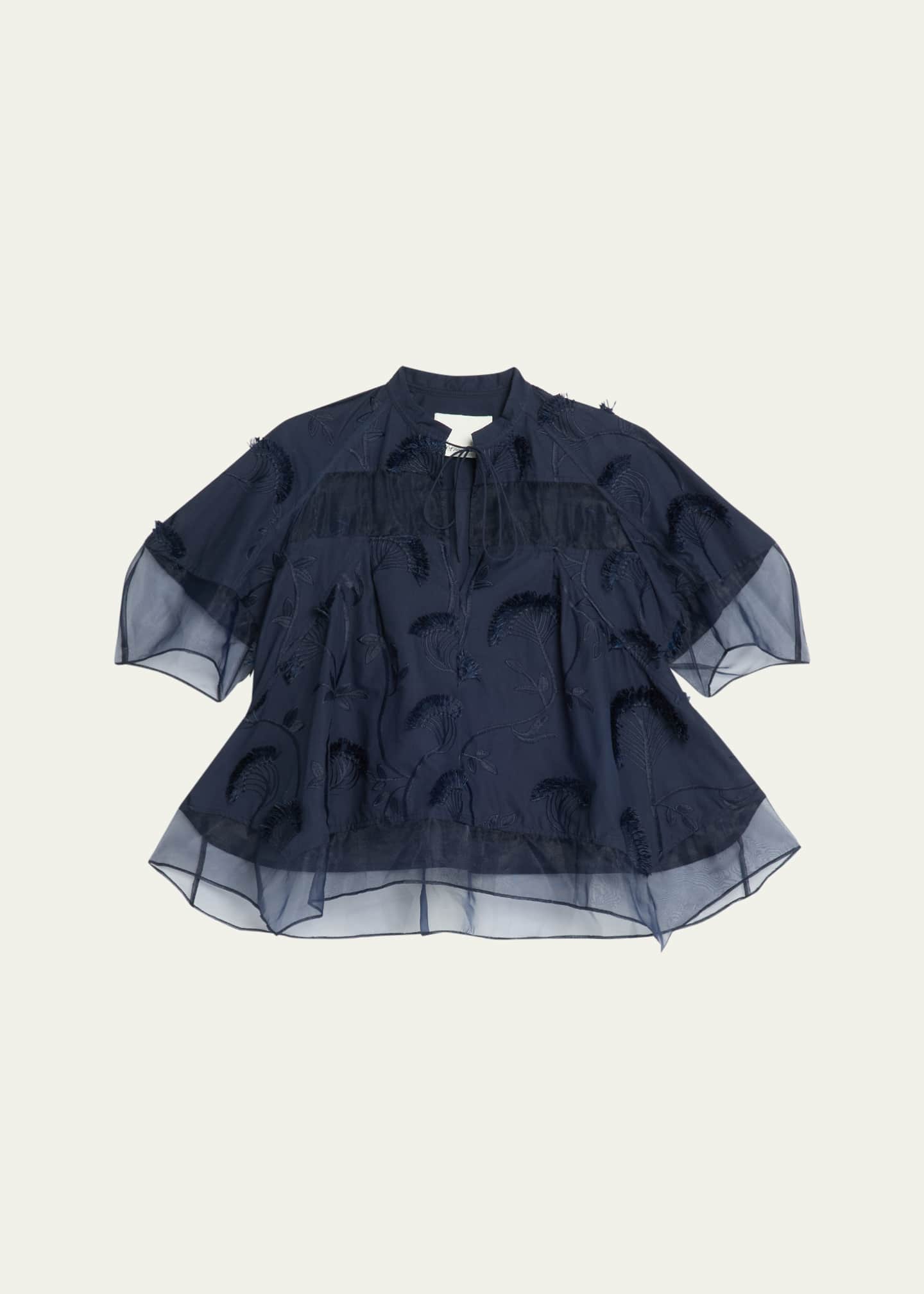 3.1 Phillip Lim Short-Sleeve Embroidered Organza Flounce Top Image 1 of 5