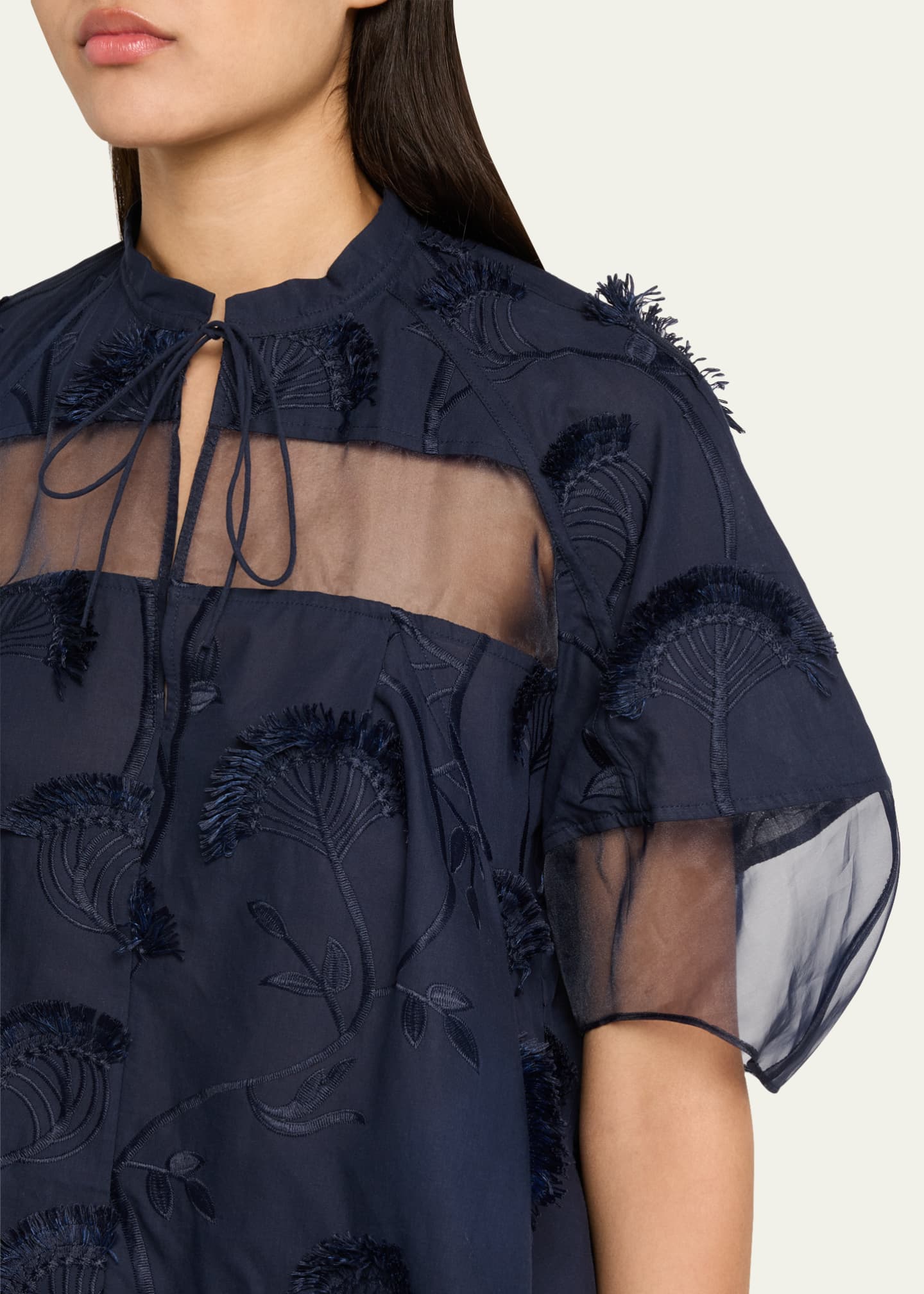 3.1 Phillip Lim Short-Sleeve Embroidered Organza Flounce Top Image 5 of 5