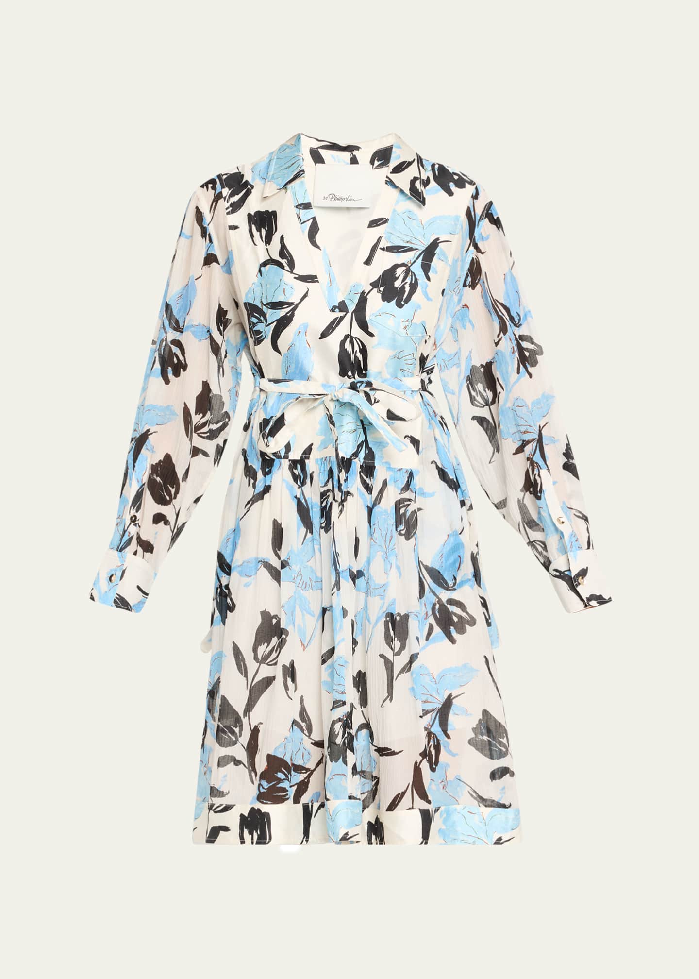 3.1 Phillip Lim Joyful Tulips Long-Sleeve Shirt Dress with Waist Tie Image 1 of 5