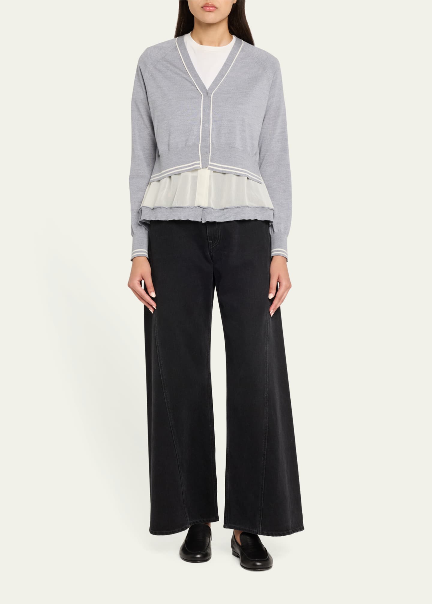 3.1 Phillip Lim Chiffon-Trim V-Neck Cardigan Image 2 of 5