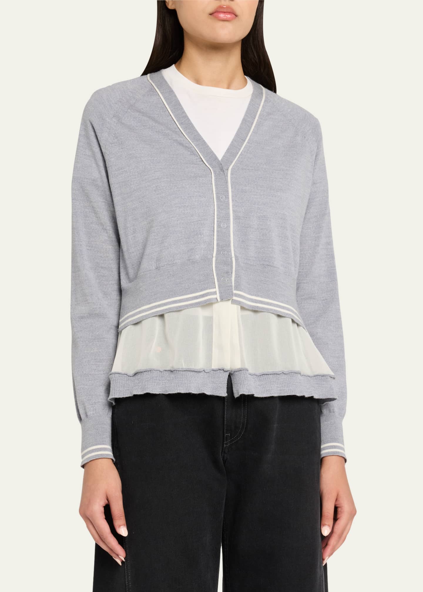 3.1 Phillip Lim Chiffon-Trim V-Neck Cardigan Image 4 of 5
