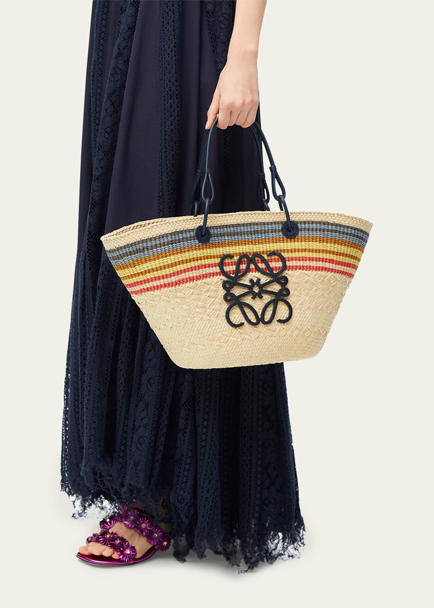 Loewe Medium Anagram Striped Tote Bag in Straw and Leather Image 2 of 5