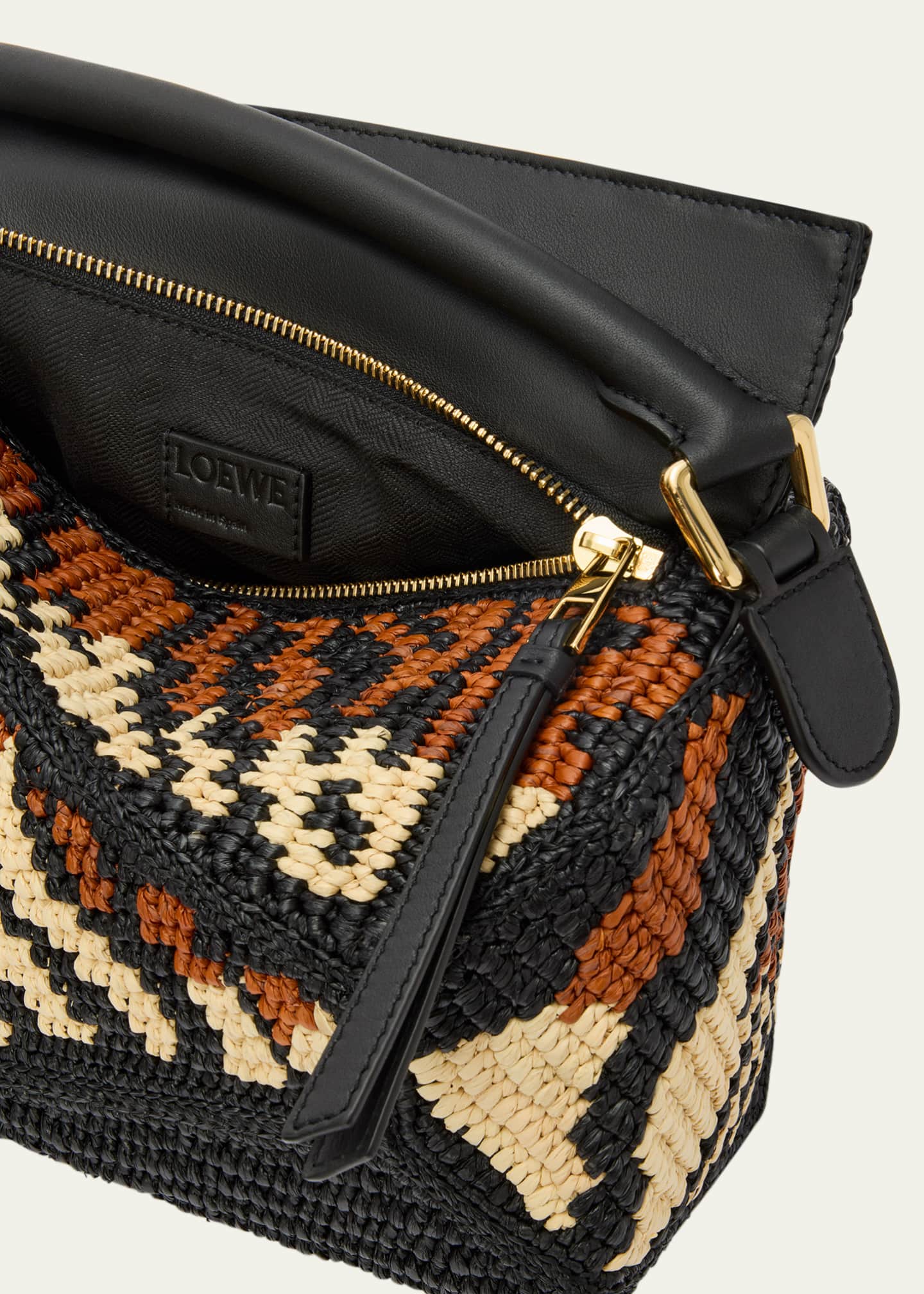 Loewe Puzzle Edge Small Top-Handle Bag in Raffia and Leather
