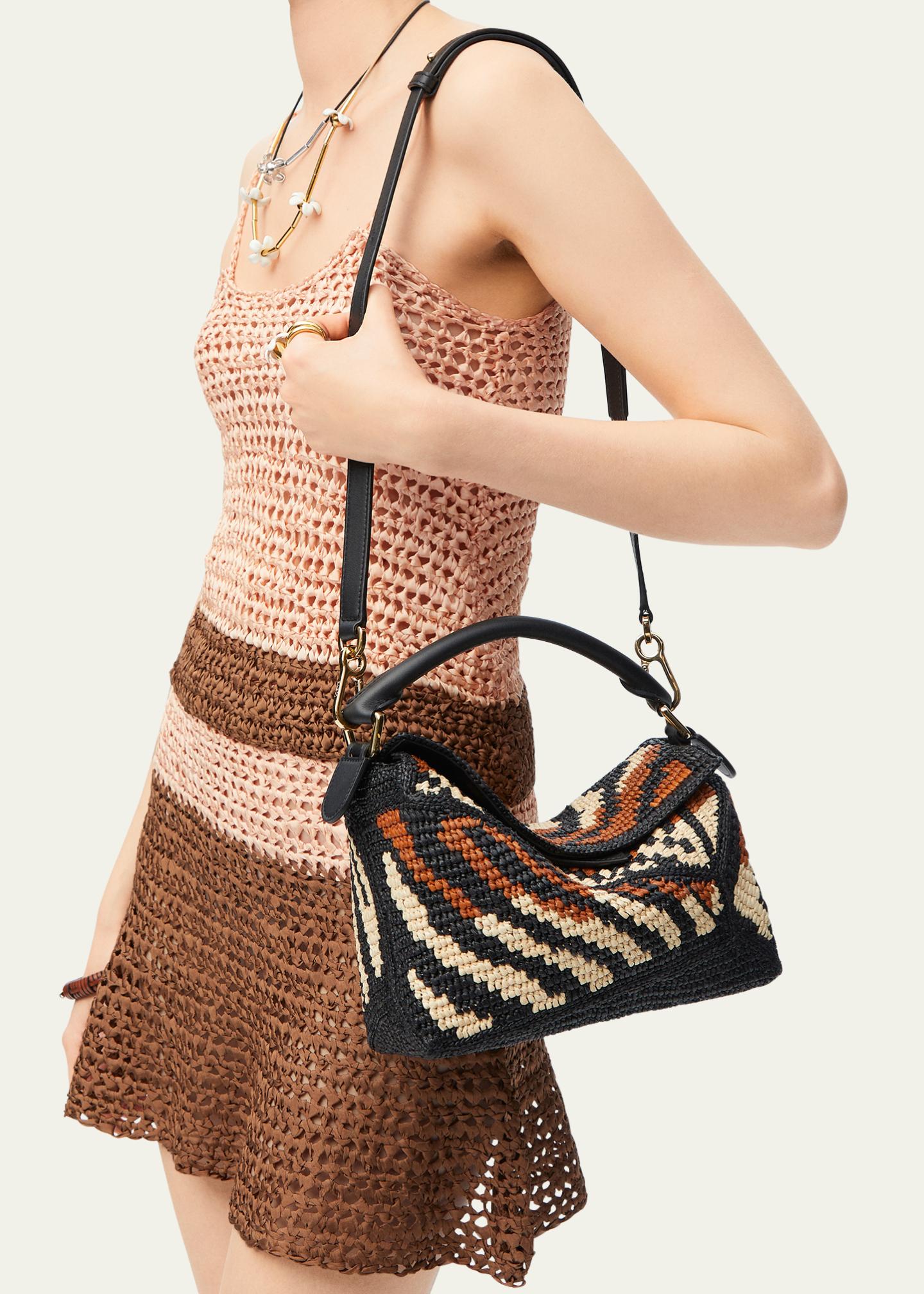 LOEWE Puzzle Edge Small Top-Handle Bag in Raffia and Leather