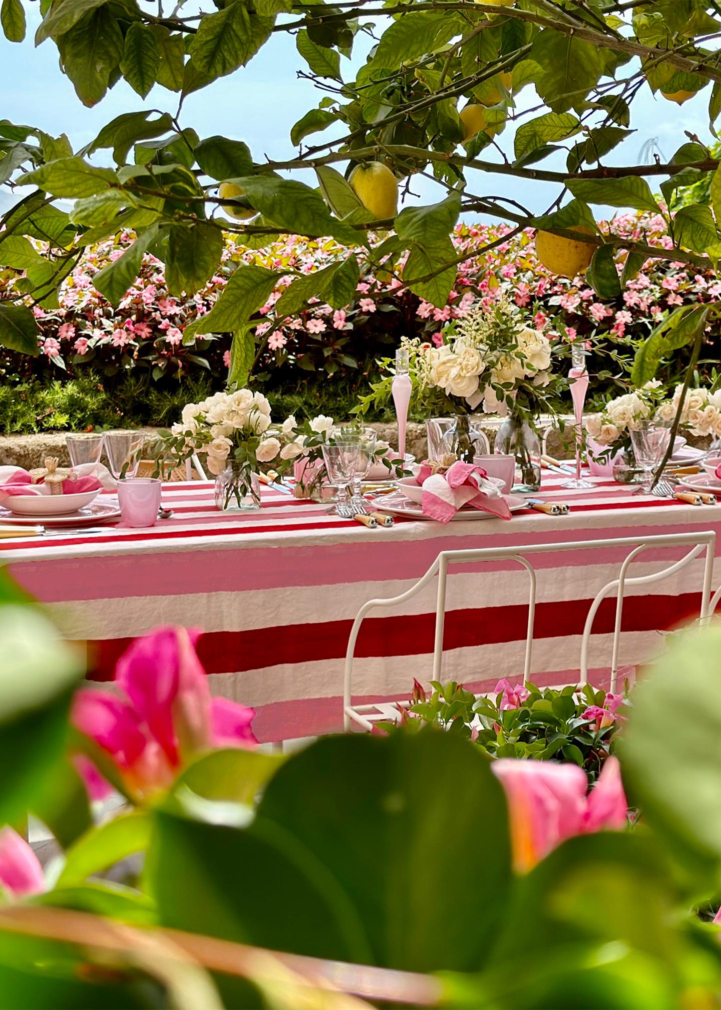 SUMMERILL & BISHOP Raspberry/Rose Pink Stripe Linen Tablecloth, 65