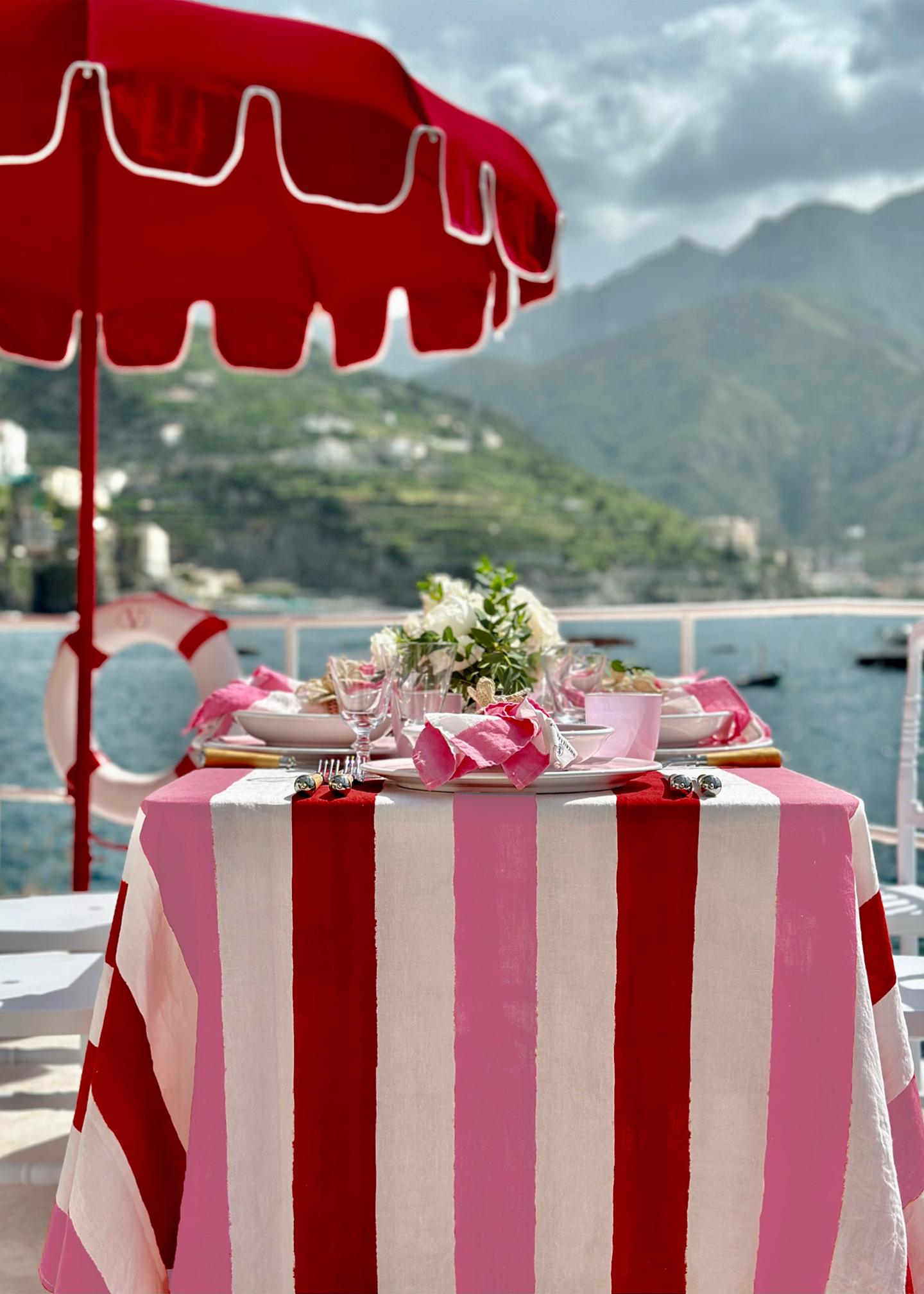 SUMMERILL & BISHOP Raspberry/Rose Pink Stripe Linen Tablecloth, 65