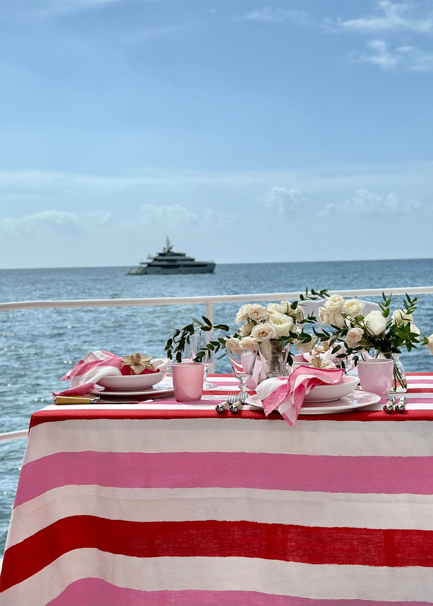 SUMMERILL & BISHOP Raspberry/Rose Pink Stripe Linen Tablecloth, 65