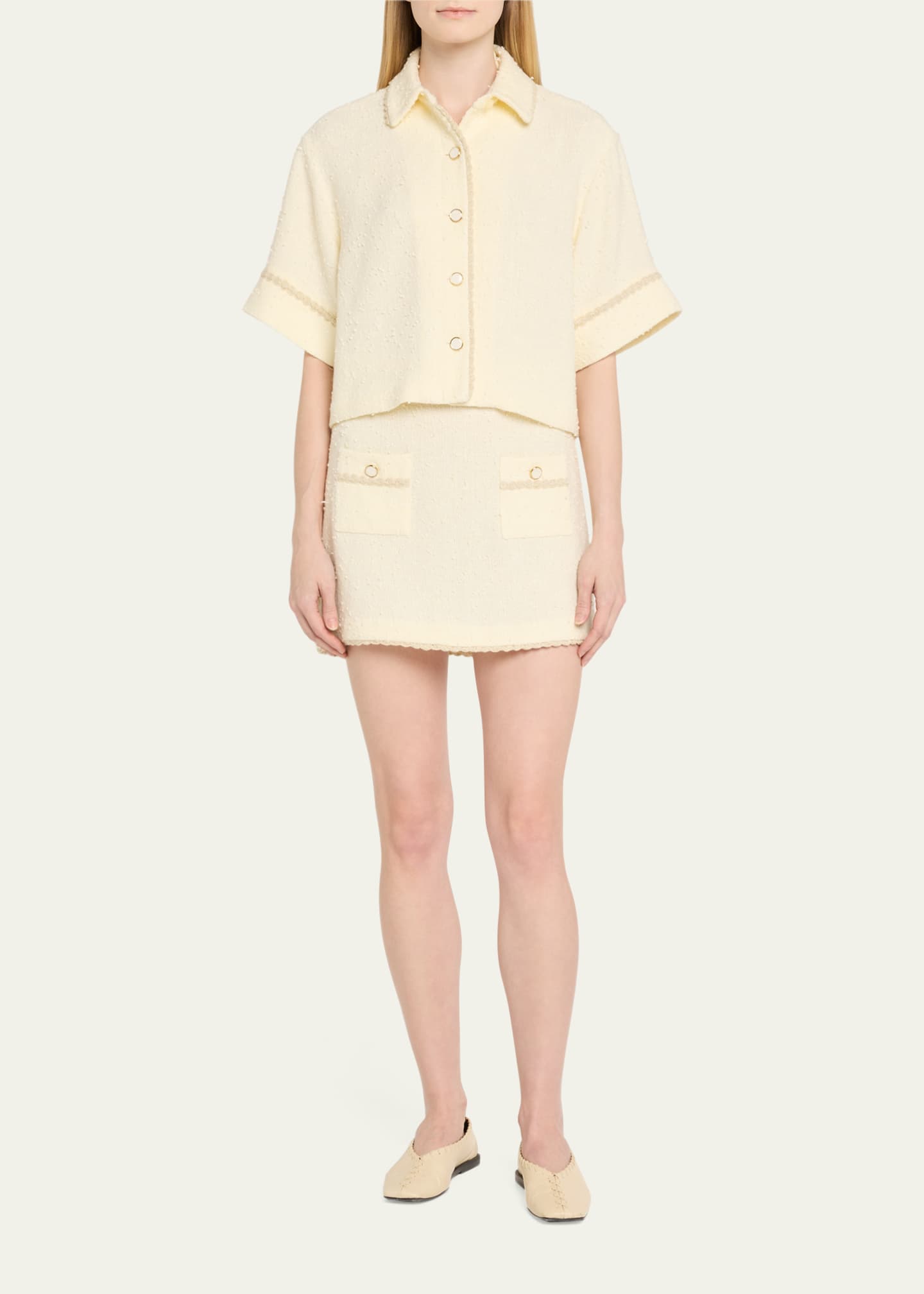 SIMKHAI Khloe Boucle Short-Sleeve Shirt Image 2 of 5