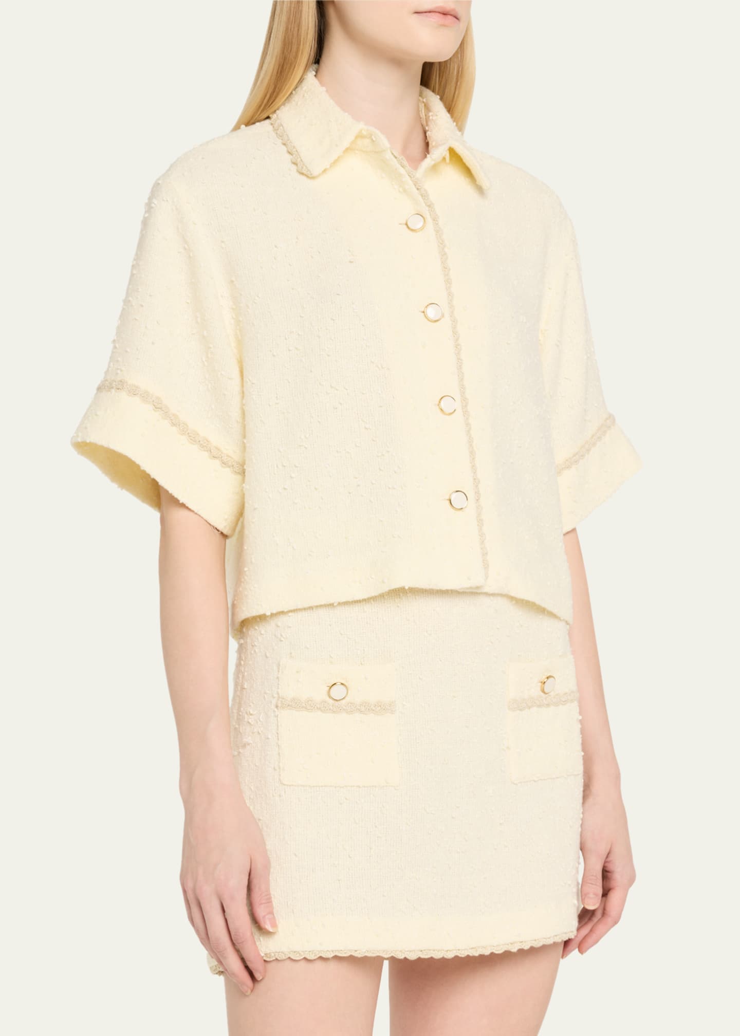 SIMKHAI Khloe Boucle Short-Sleeve Shirt Image 4 of 5