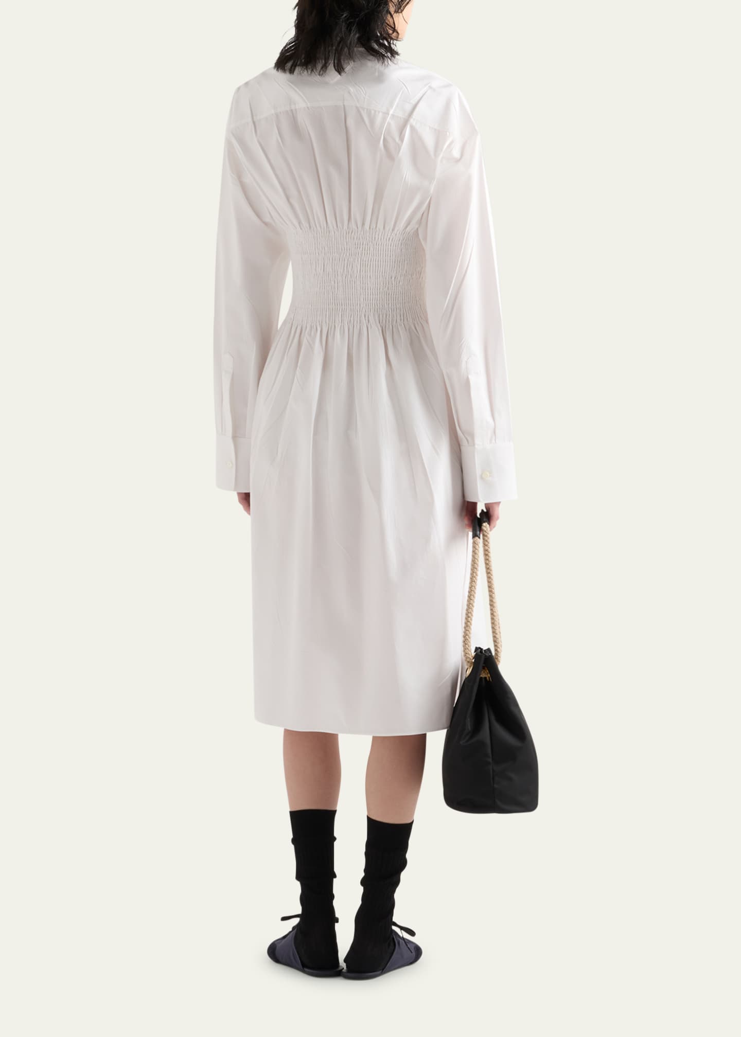 Prada Smocked Canvas Fit-and-Flare Midi Shirt Dress Image 3 of 4