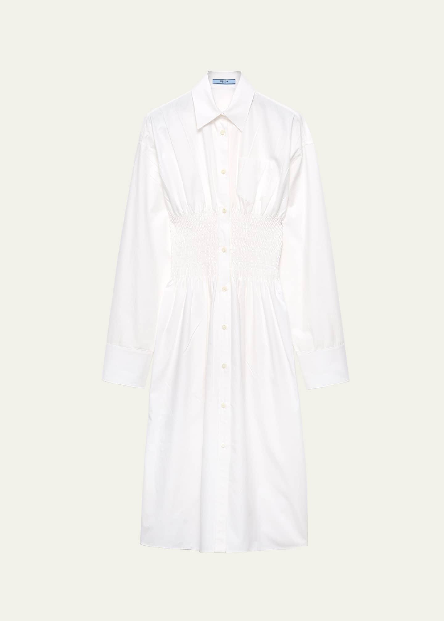 Prada Smocked Canvas Fit-and-Flare Midi Shirt Dress Image 1 of 4