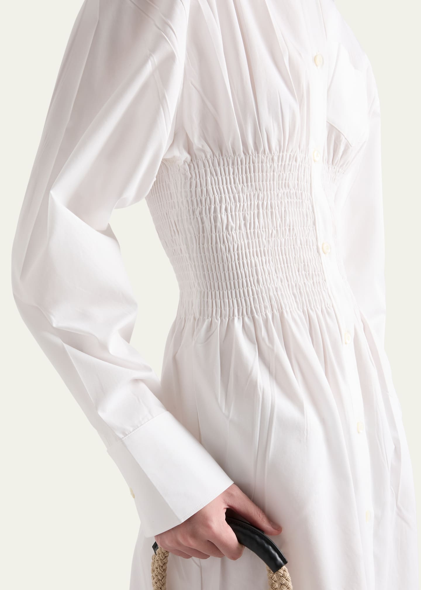 Prada Smocked Canvas Fit-and-Flare Midi Shirt Dress Image 4 of 4