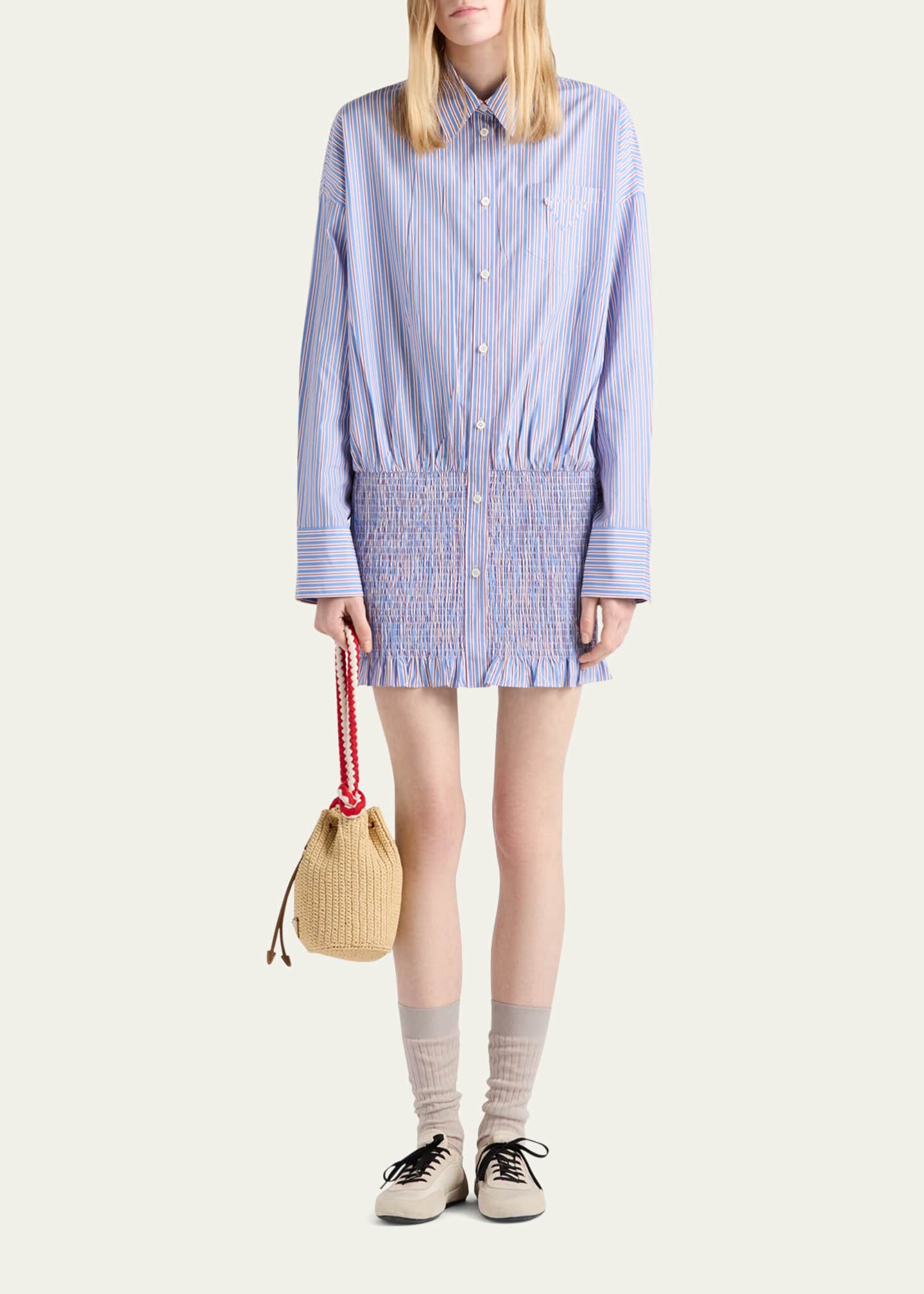 Prada Stripe Smocked Poplin Shirt Image 2 of 4