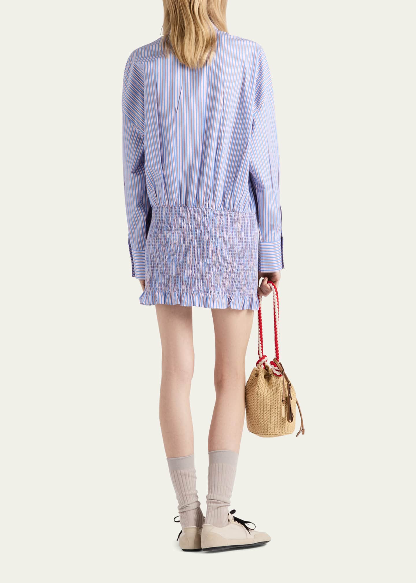 Prada Stripe Smocked Poplin Shirt Image 3 of 4