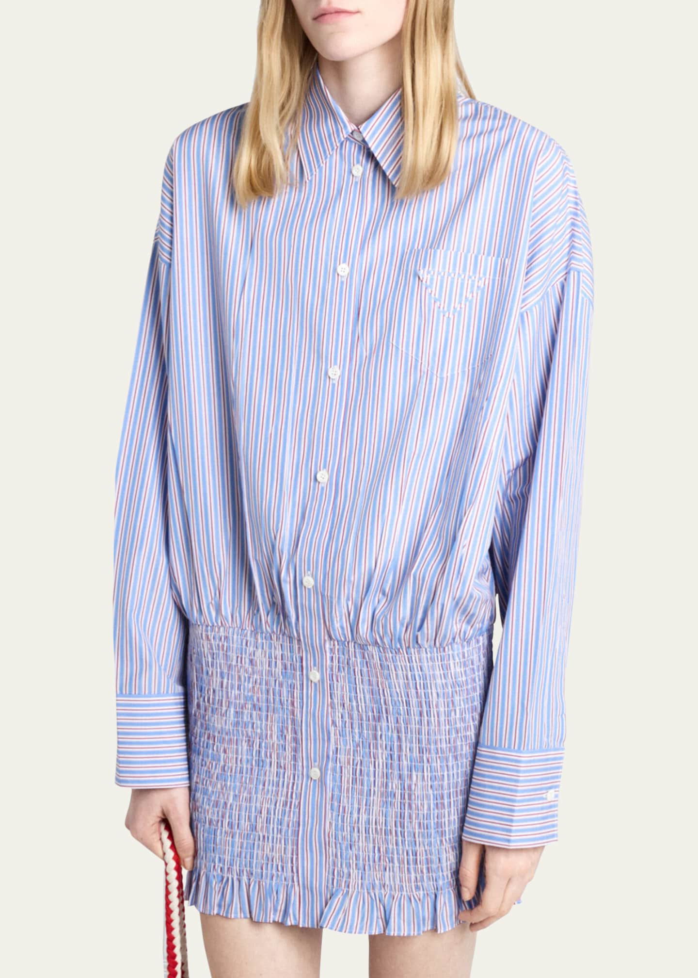 Prada Stripe Smocked Poplin Shirt Image 4 of 4