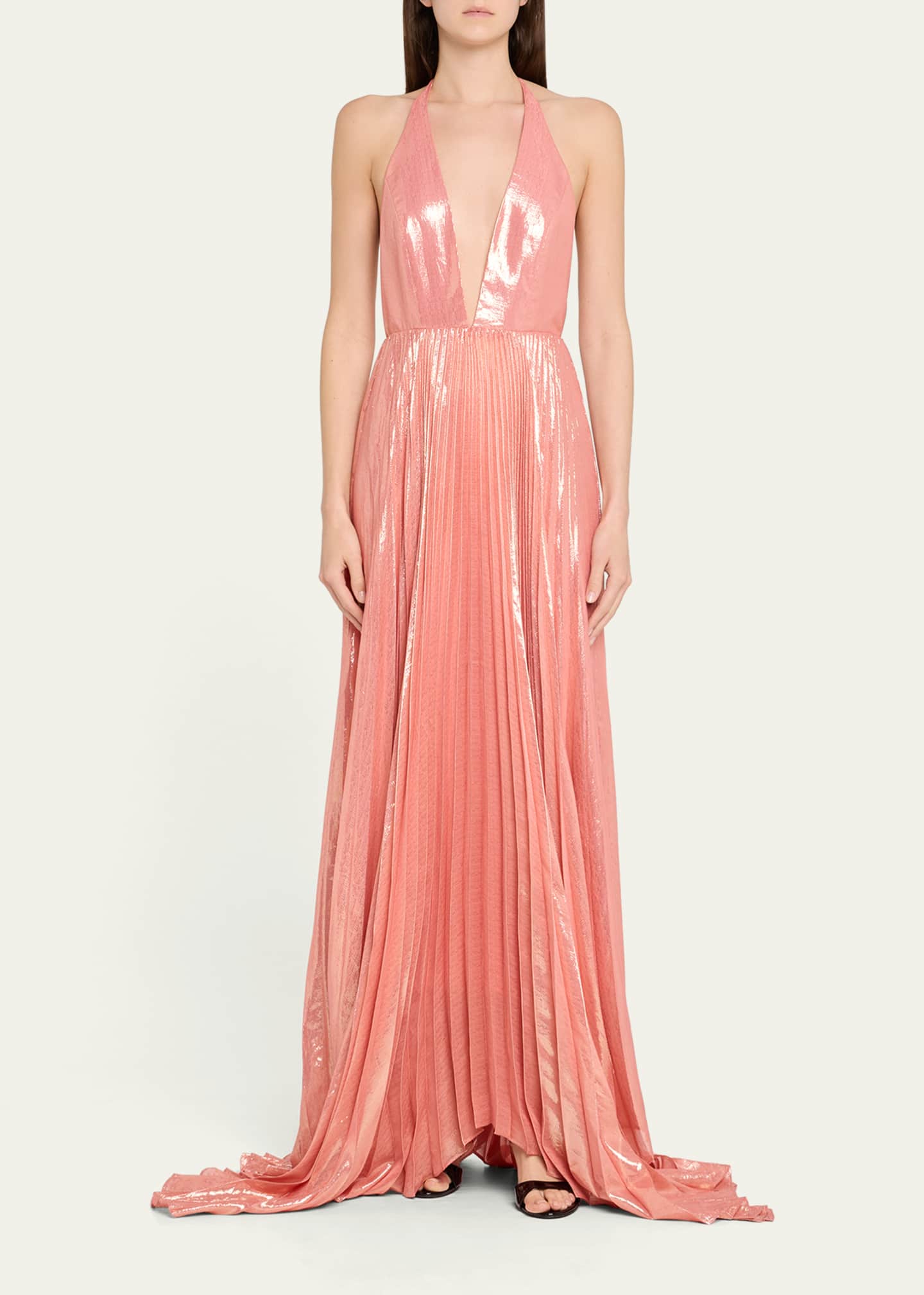 Alice + Olivia Adalyn Pleated Metallic Halter Maxi Dress Image 2 of 5
