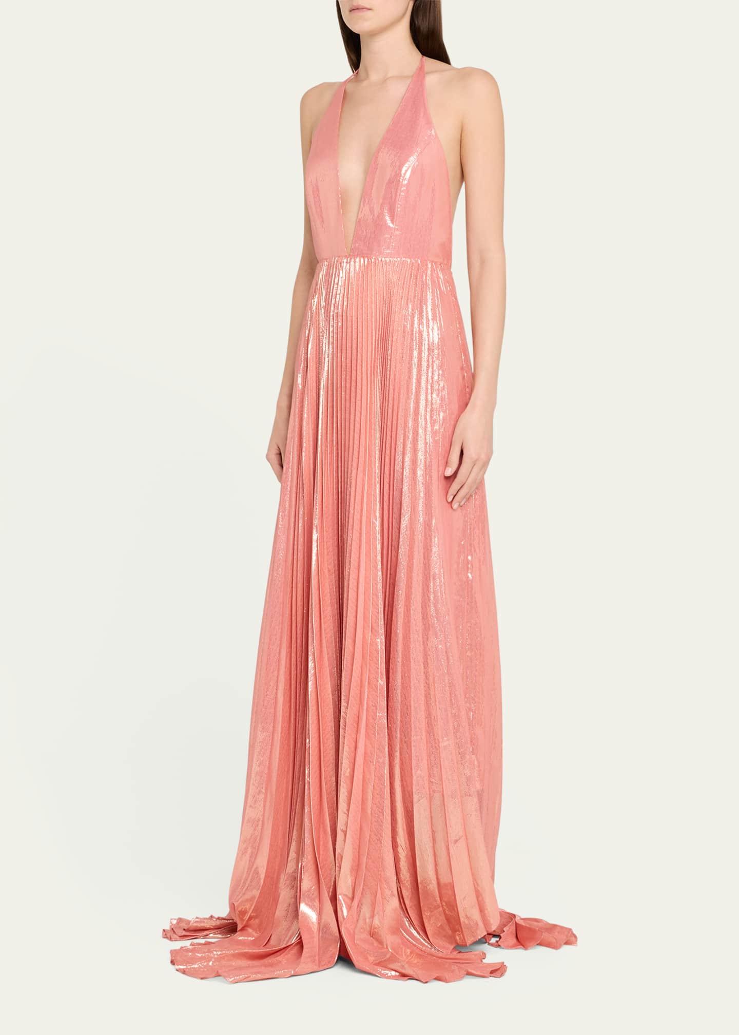 Alice + Olivia Adalyn Pleated Metallic Halter Maxi Dress Image 4 of 5
