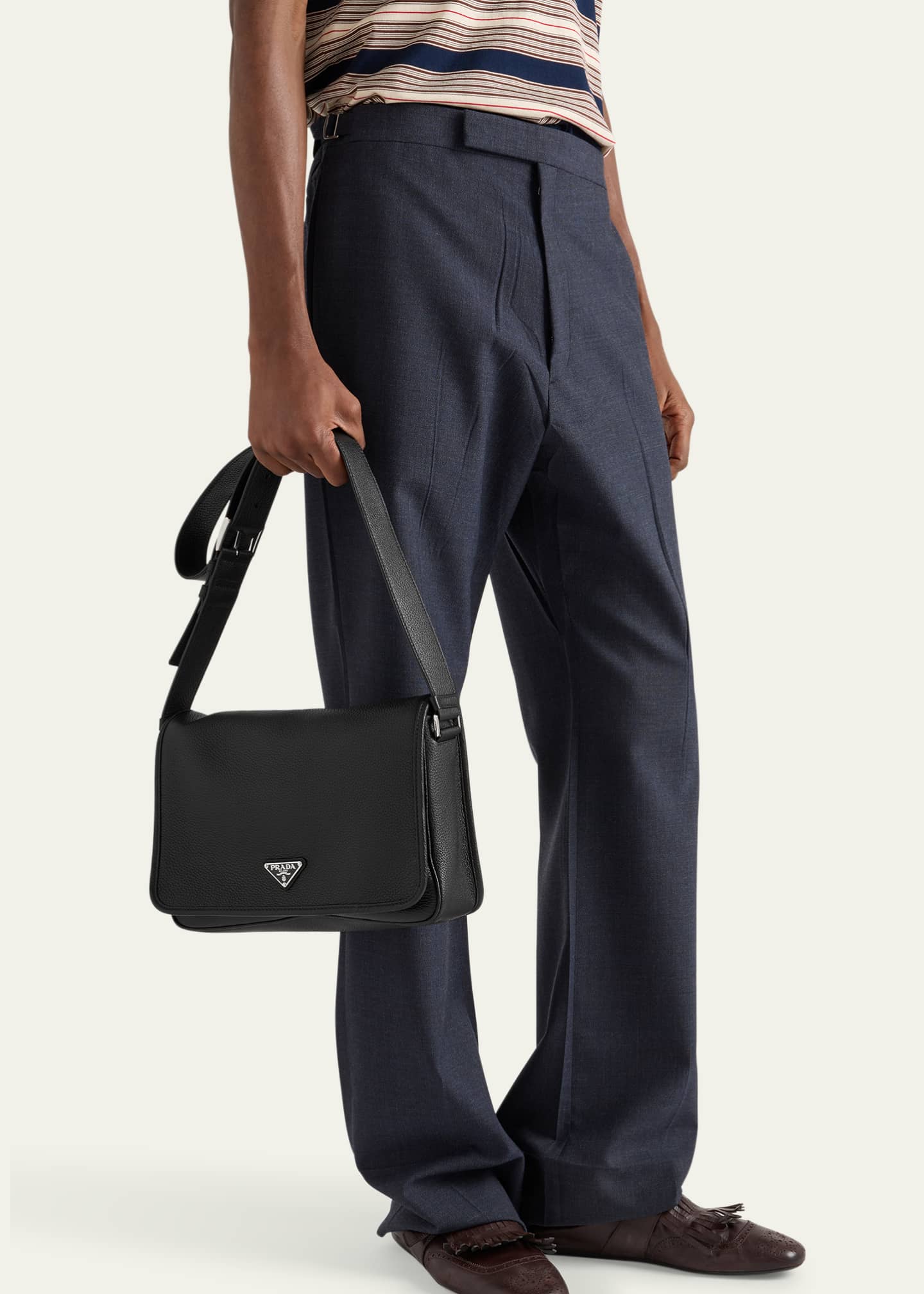 Prada Men's Grained Leather Flap Crossbody Bag Image 2 of 4