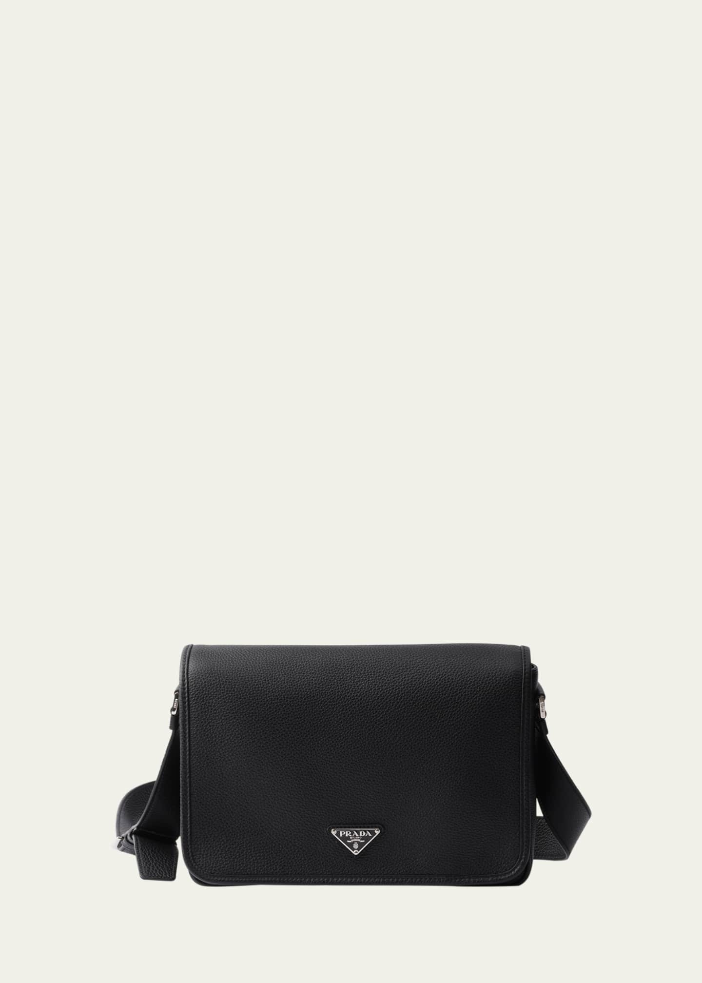 Prada Men's Grained Leather Flap Crossbody Bag Image 1 of 4