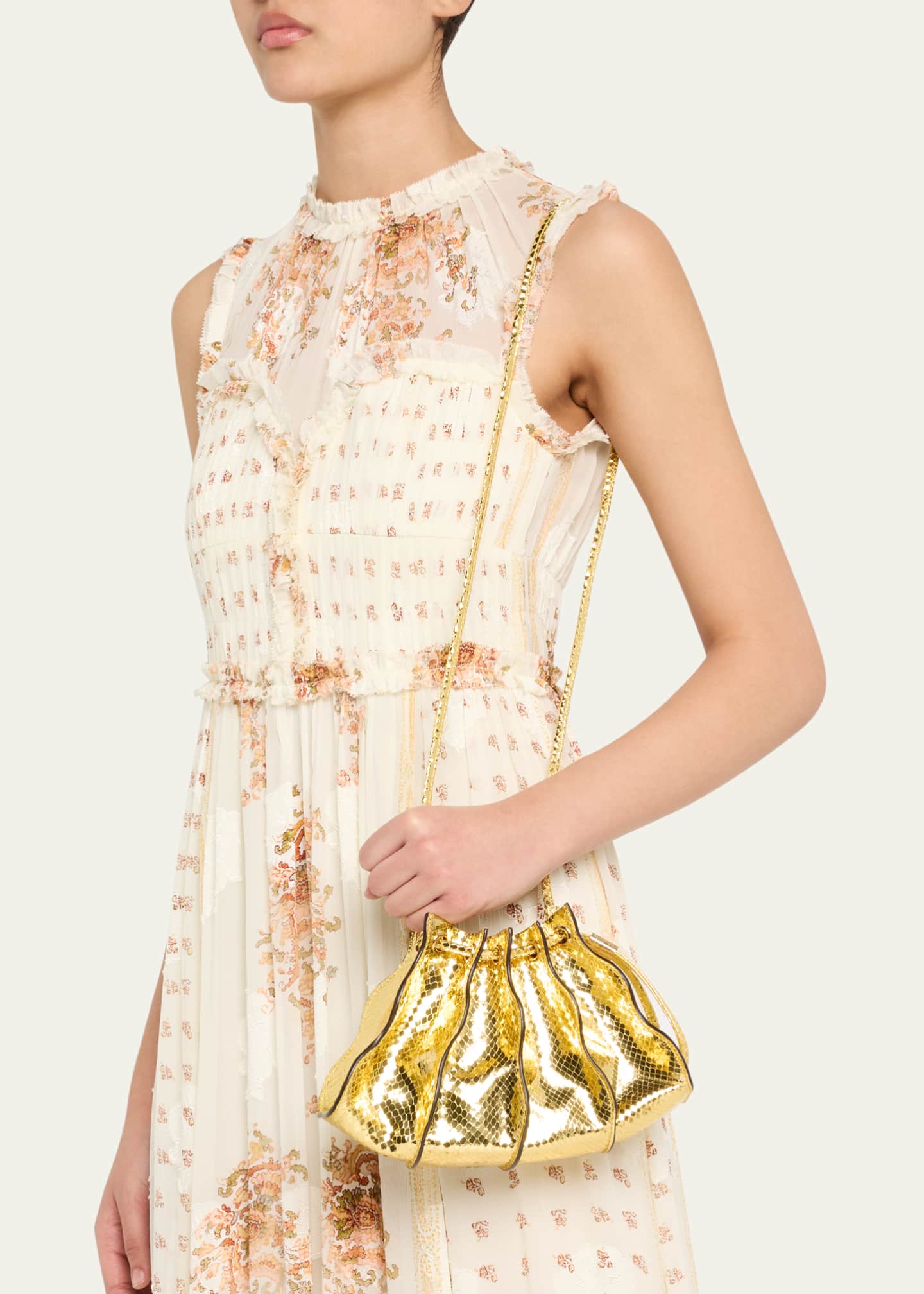 Ulla Johnson Adria Mini Pleated Wave Metallic Snake-Print Crossbody Bag Image 2 of 3
