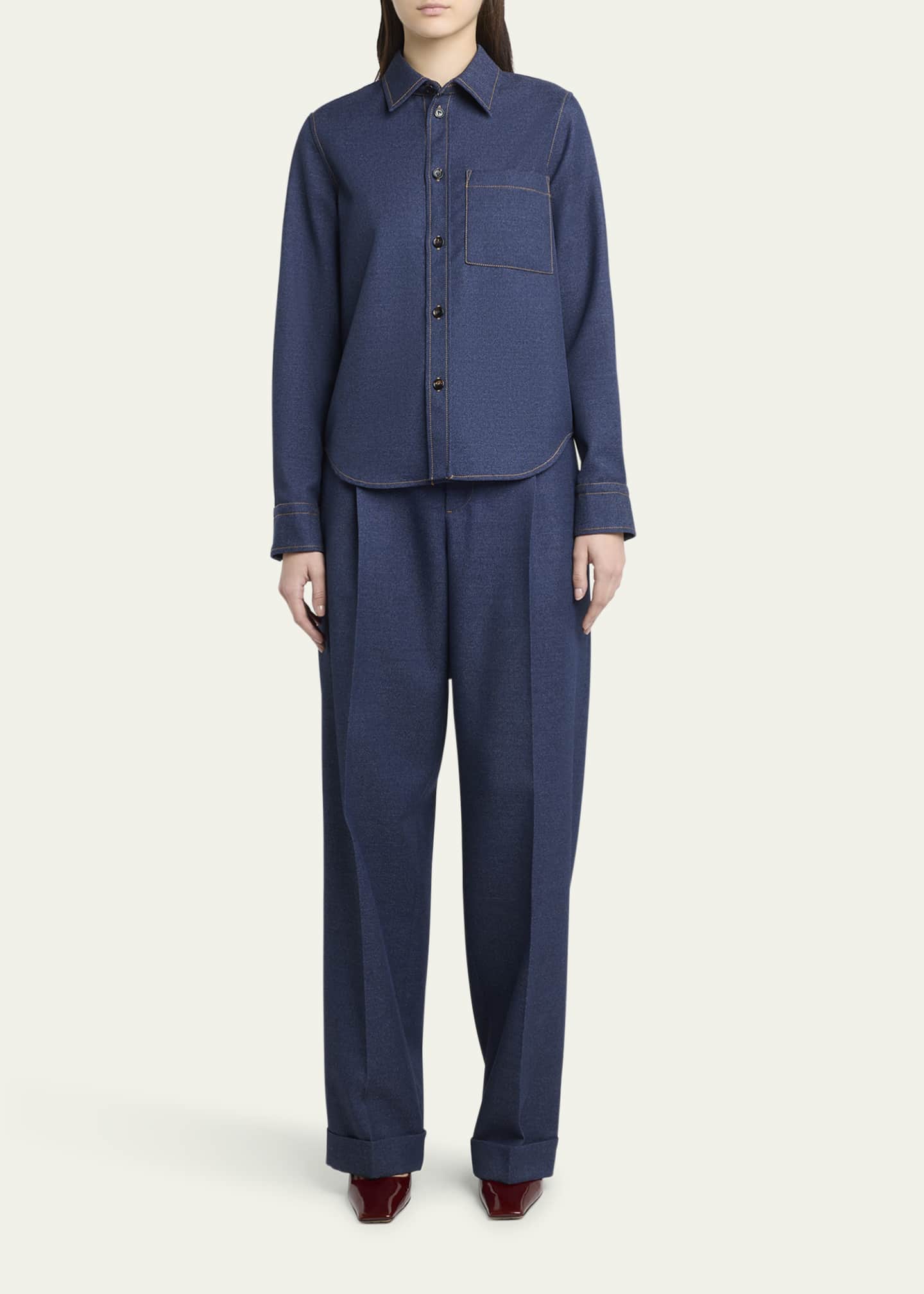 Bottega Veneta Melange Wool Cotton Drill Button-Down Shirt Image 2 of 5