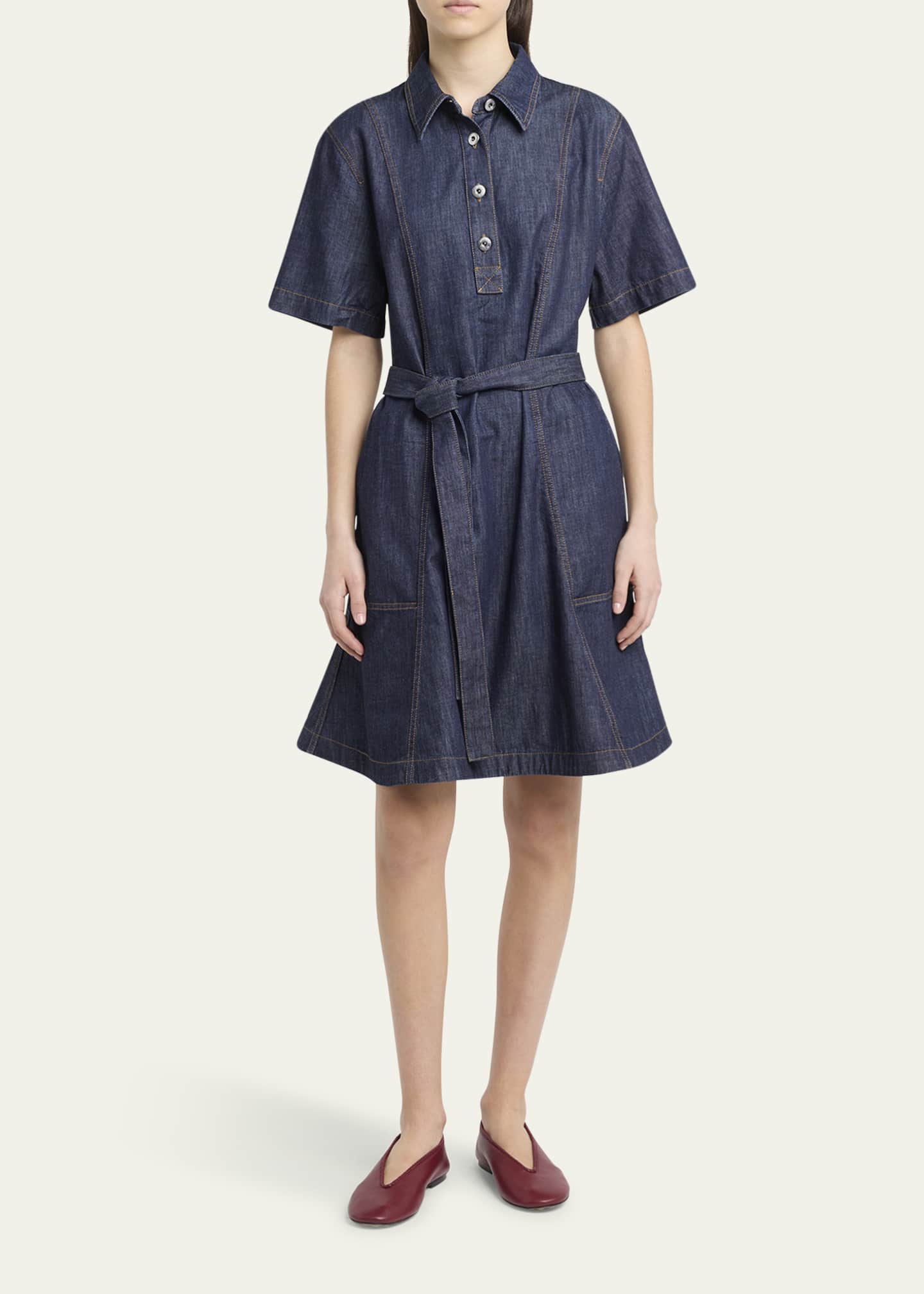 Bottega Veneta Short-Sleeve Belted Denim Shirtdress Image 2 of 5