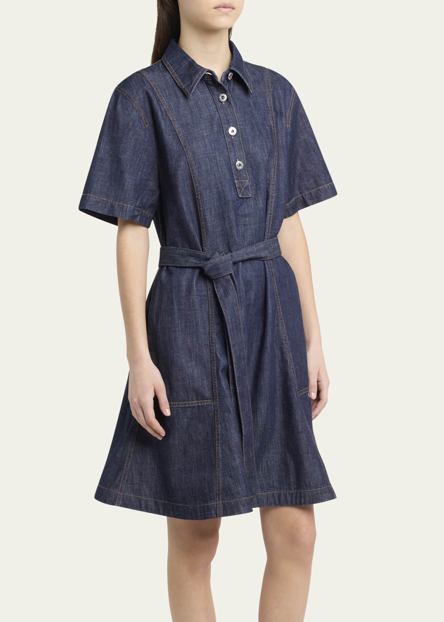 Bottega Veneta Short-Sleeve Belted Denim Shirtdress Image 4 of 5