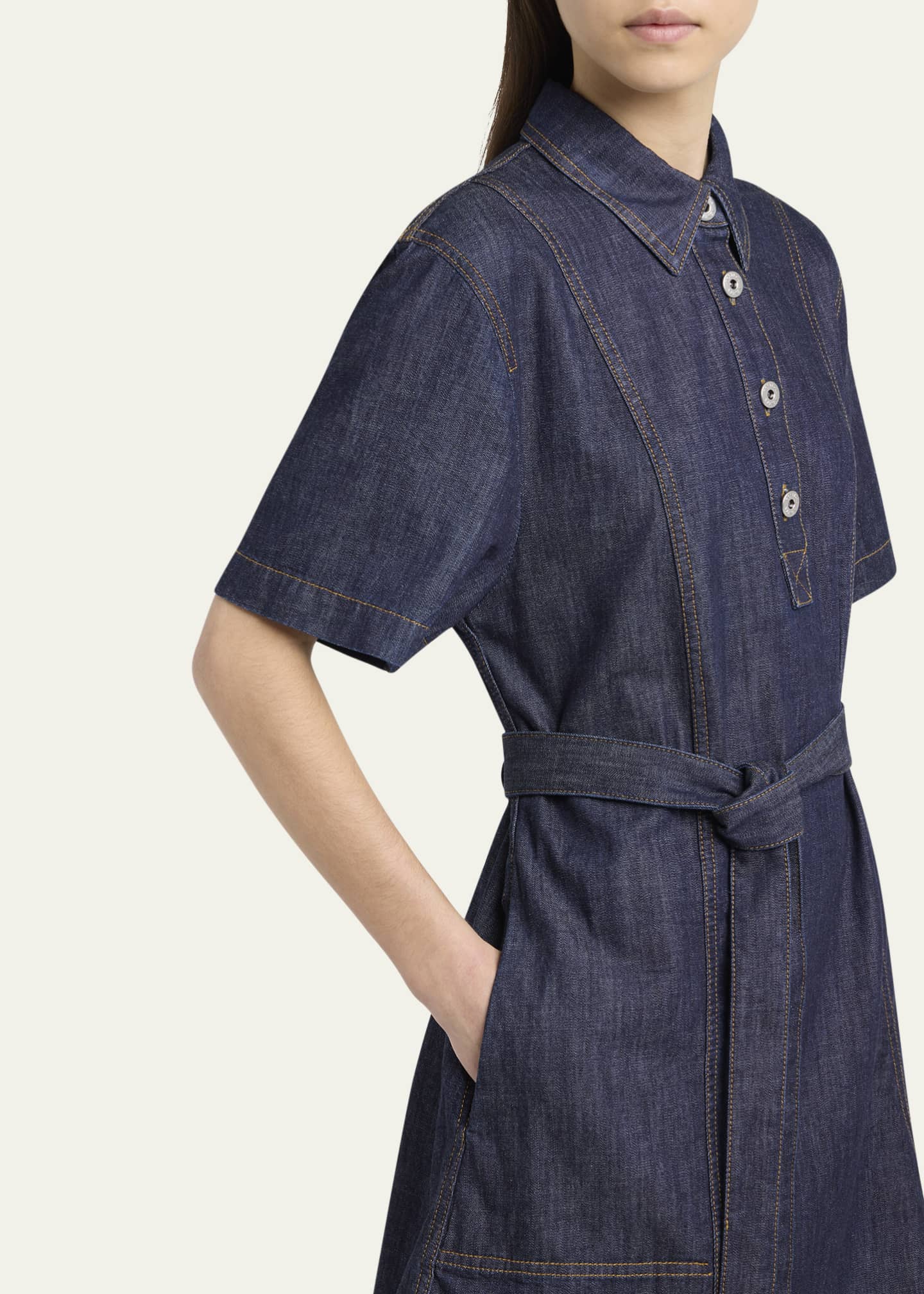 Bottega Veneta Short-Sleeve Belted Denim Shirtdress Image 5 of 5