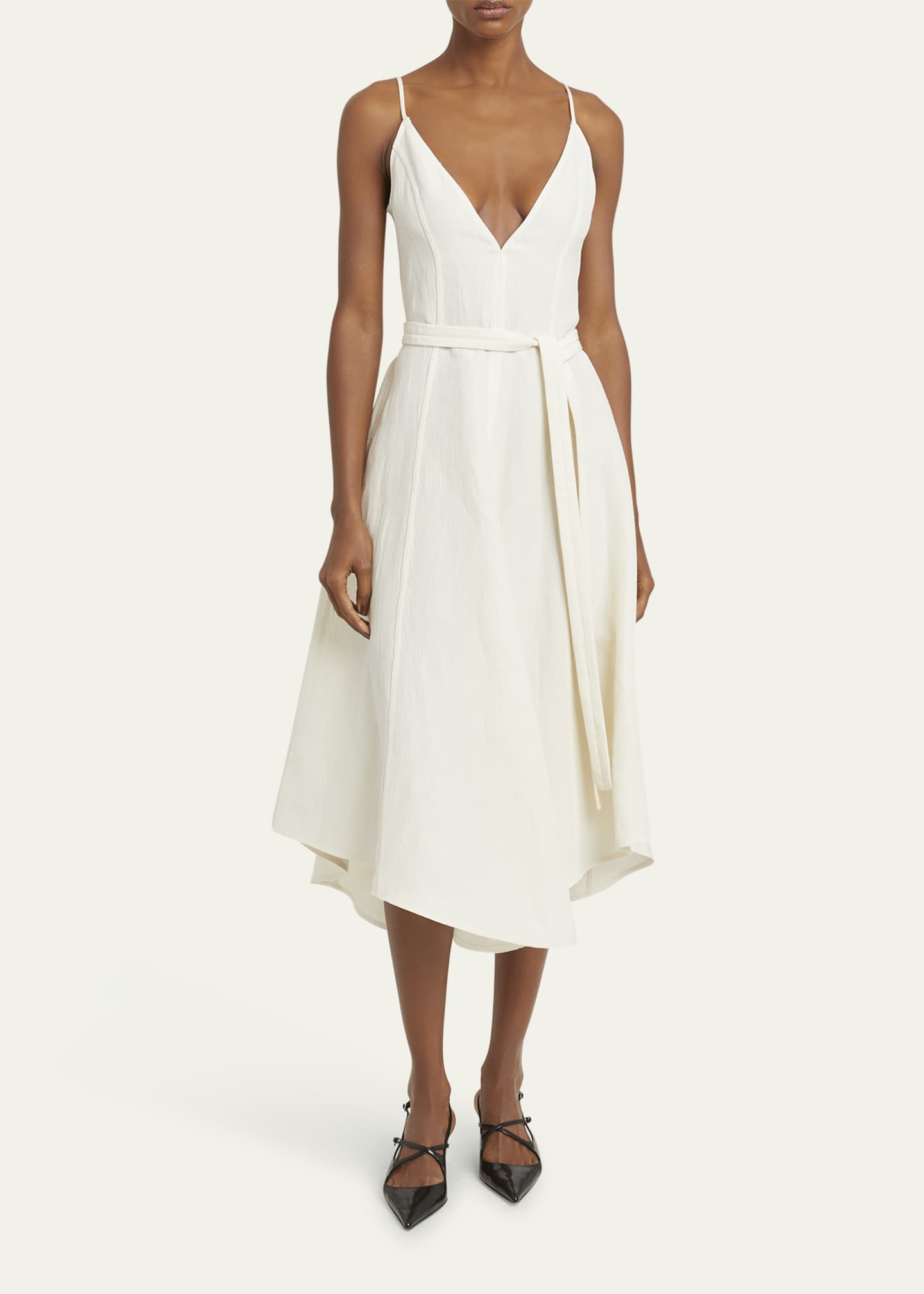 Proenza Schouler Elaine Plunging Belted Linen-Blend Midi Dress Image 2 of 5